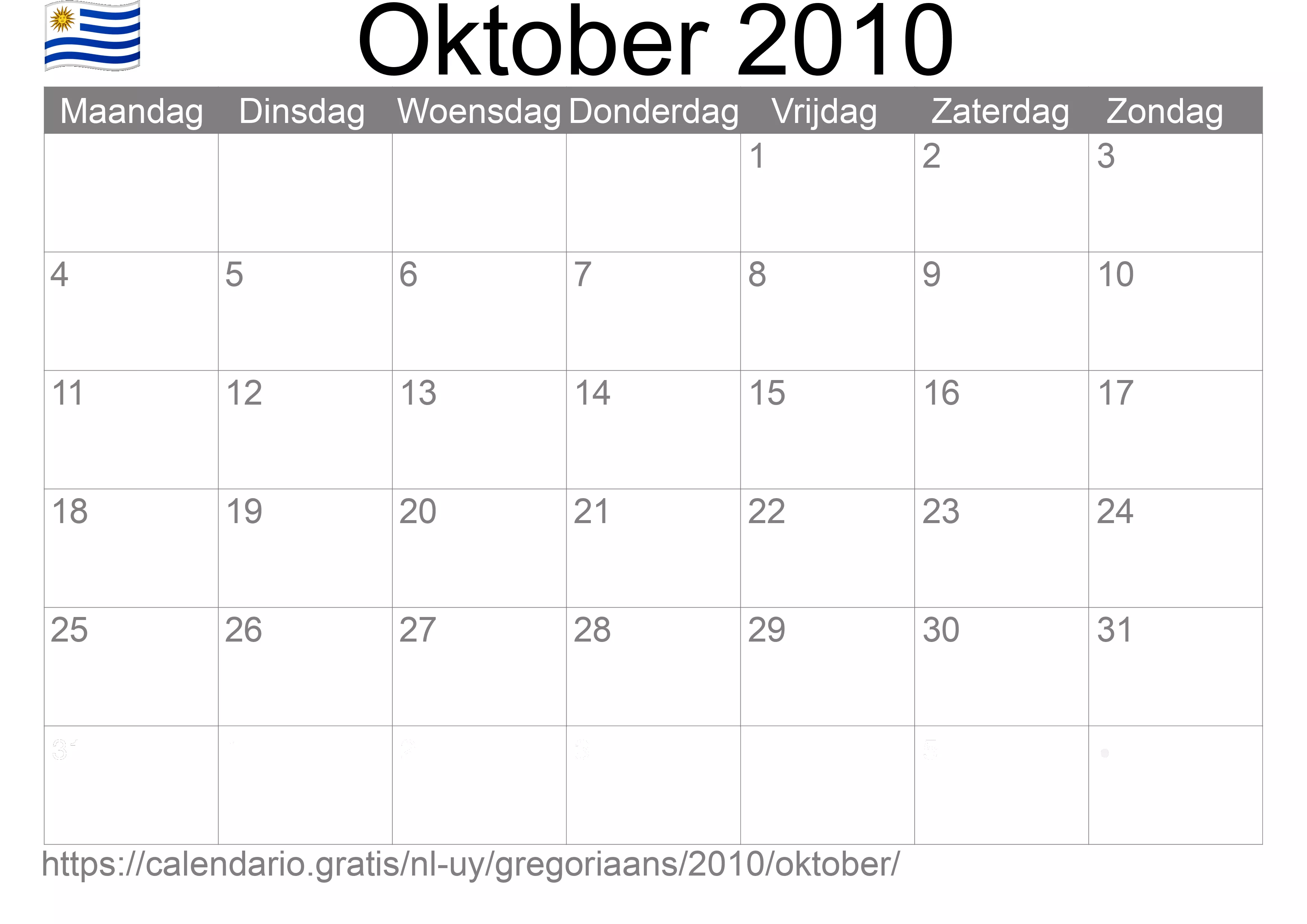 Kalender Oktober 2010 om af te drukken (Uruguay)