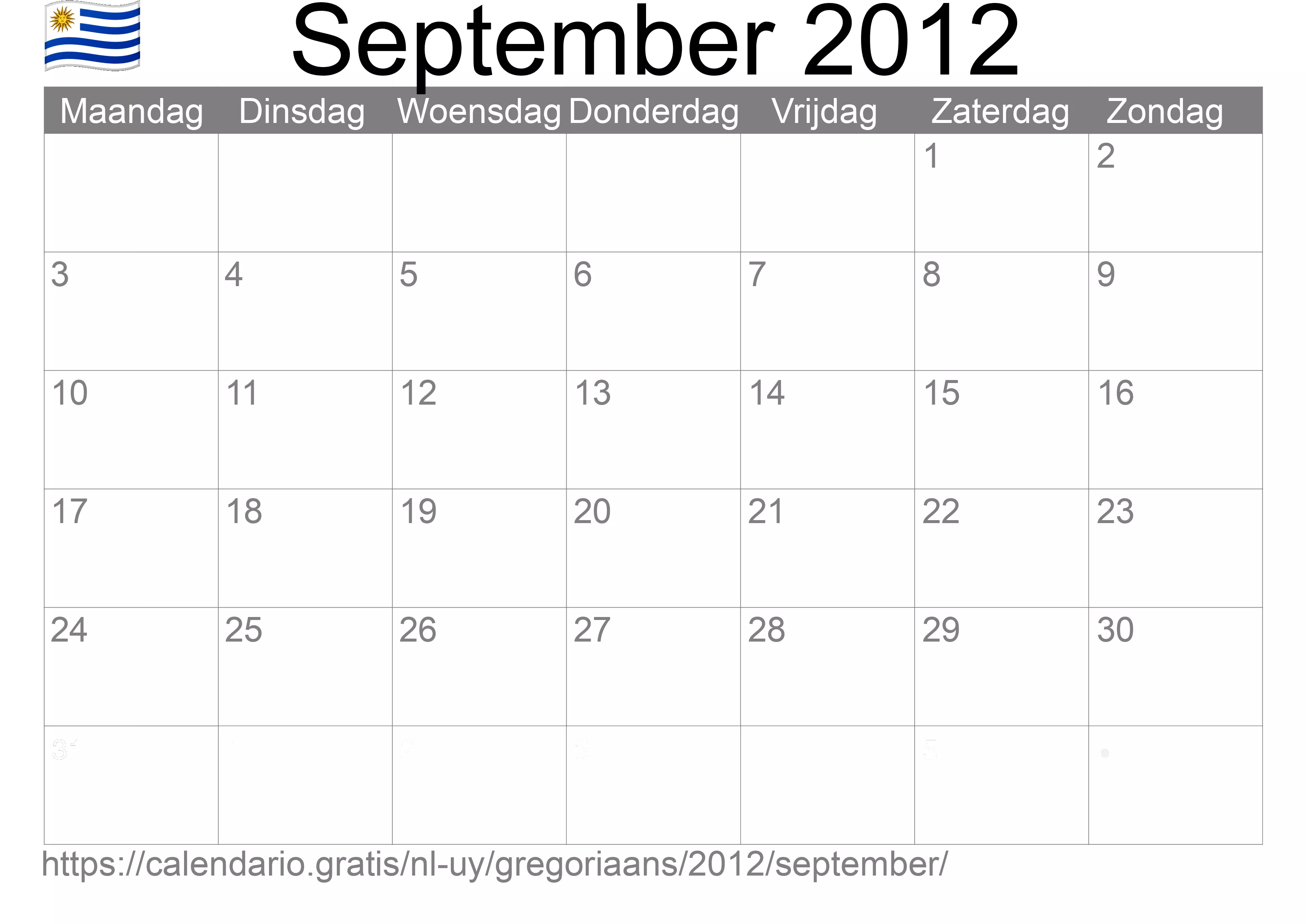Kalender September 2012 om af te drukken (Uruguay)
