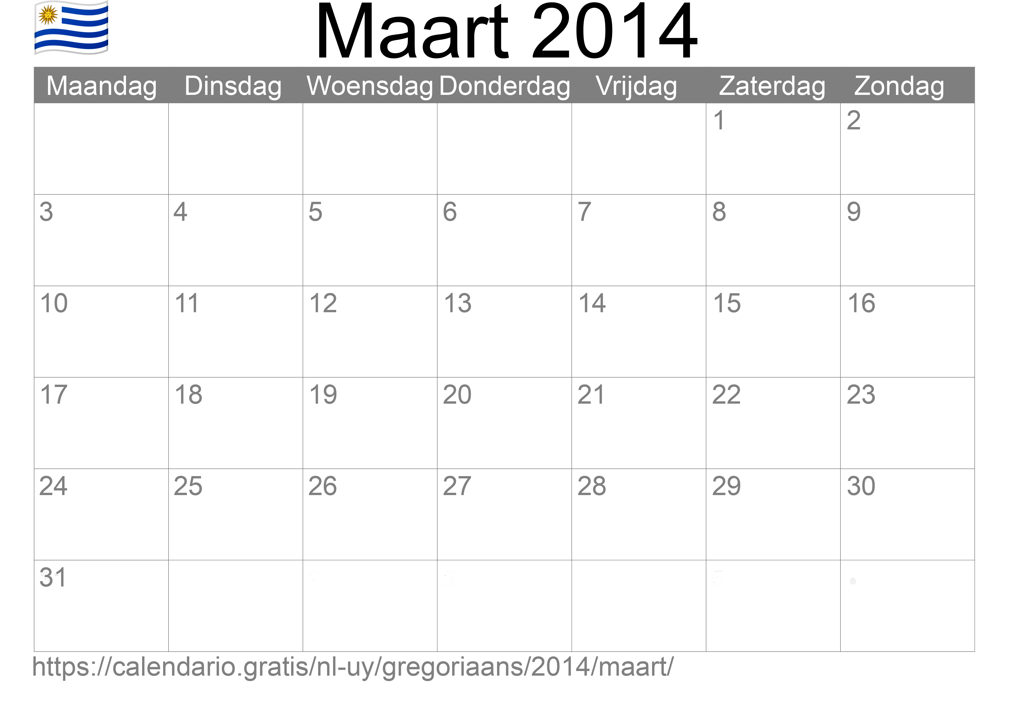 Kalender Maart 2014 om af te drukken