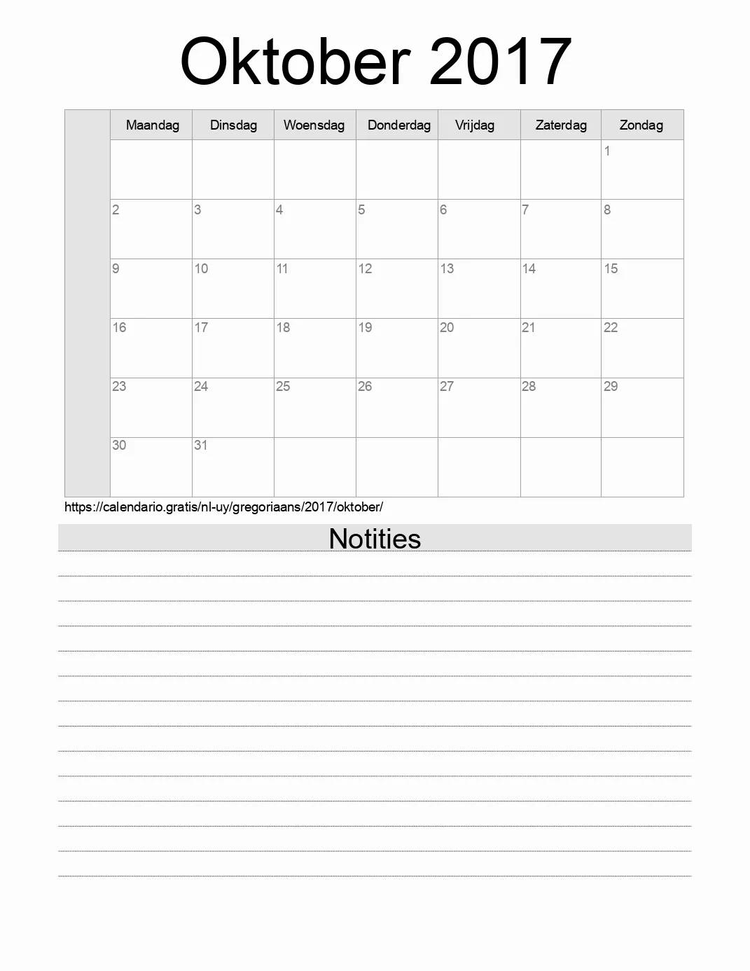 Kalender voor Oktober 2017 om af te drukken met notities. (Uruguay)
