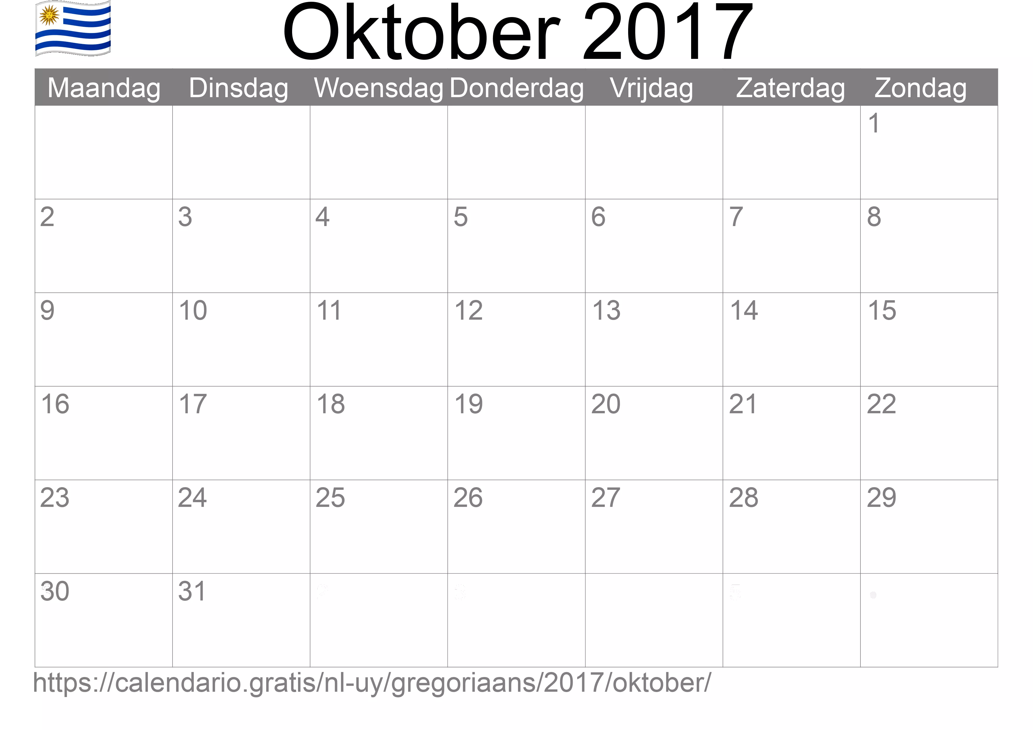 Kalender Oktober 2017 om af te drukken (Uruguay)