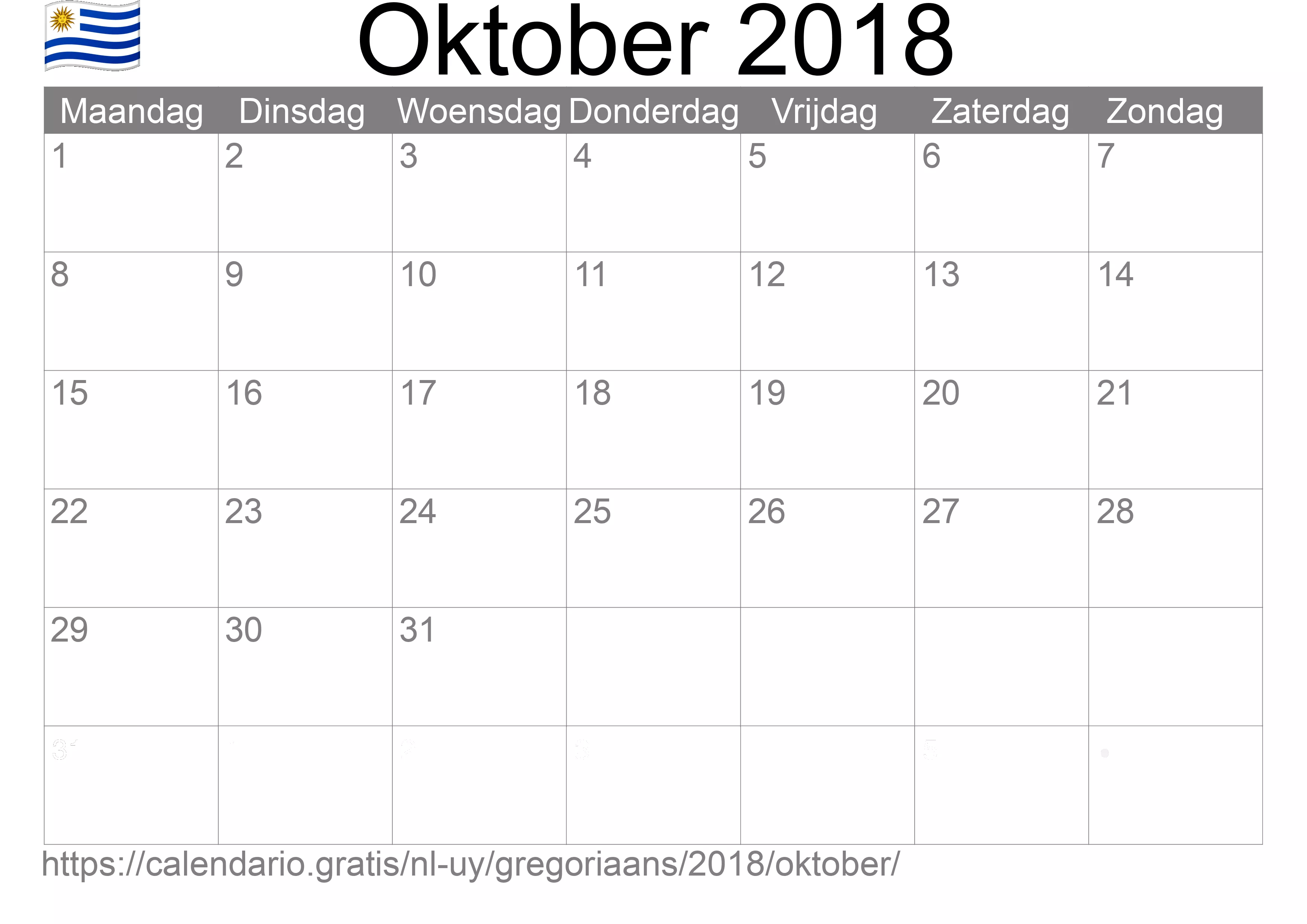 Kalender Oktober 2018 om af te drukken (Uruguay)