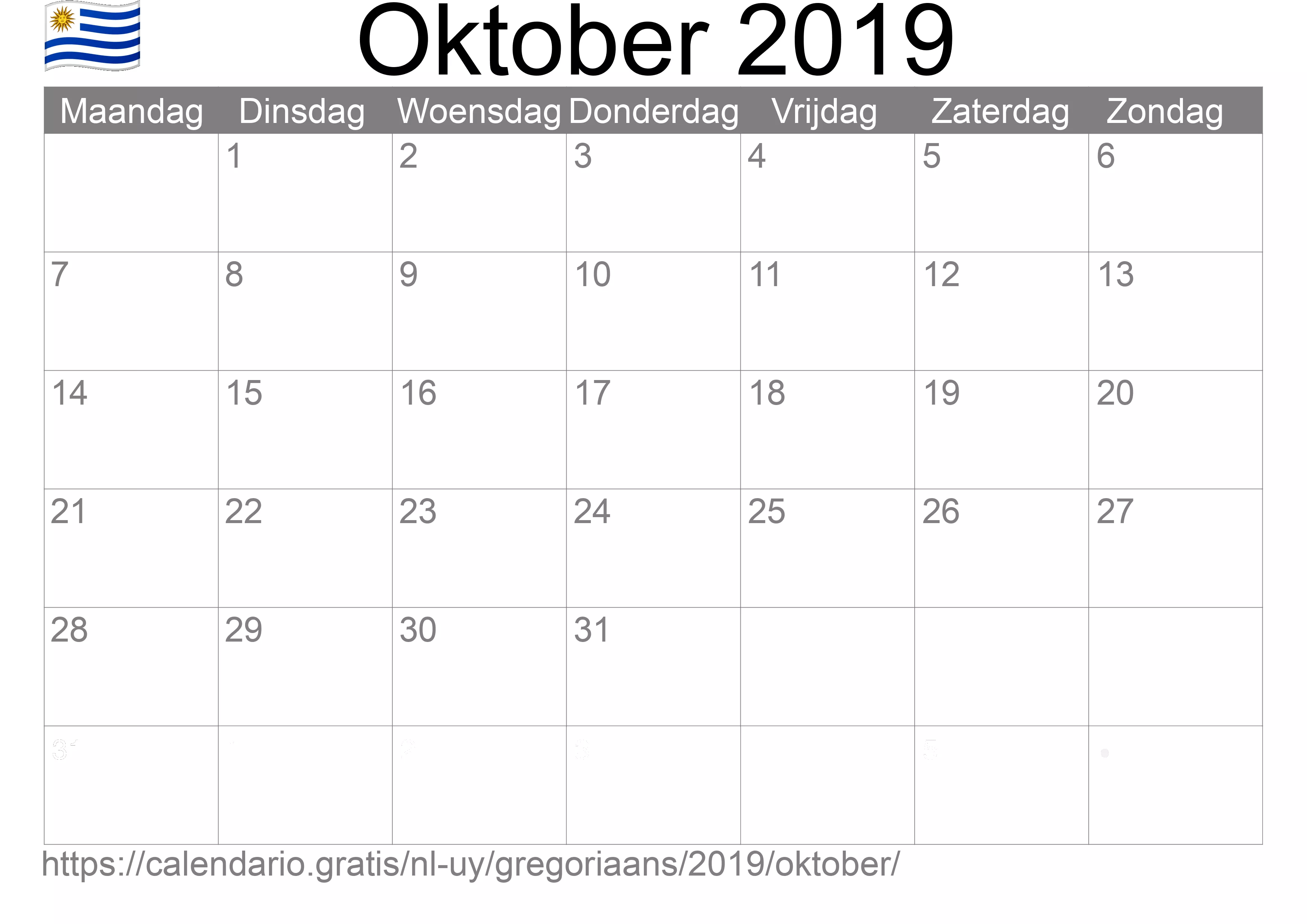 Kalender Oktober 2019 om af te drukken (Uruguay)