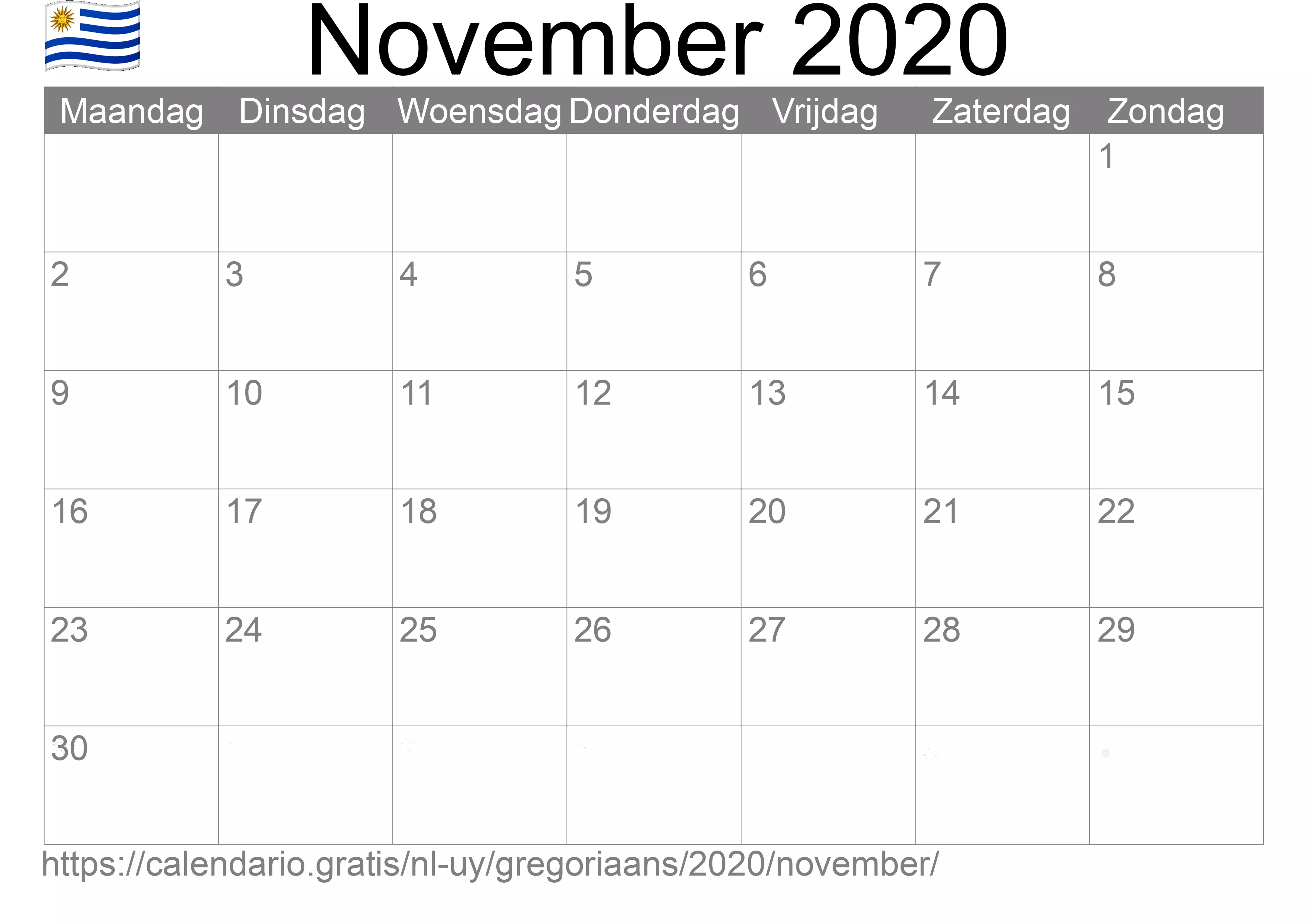Kalender November 2020 om af te drukken (Uruguay)