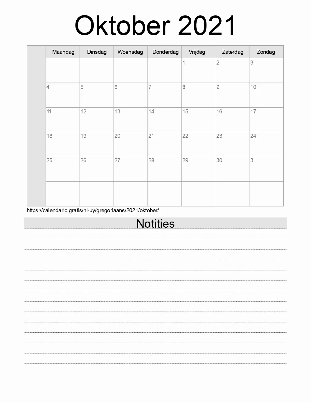 Kalender voor Oktober 2021 om af te drukken met notities. (Uruguay)