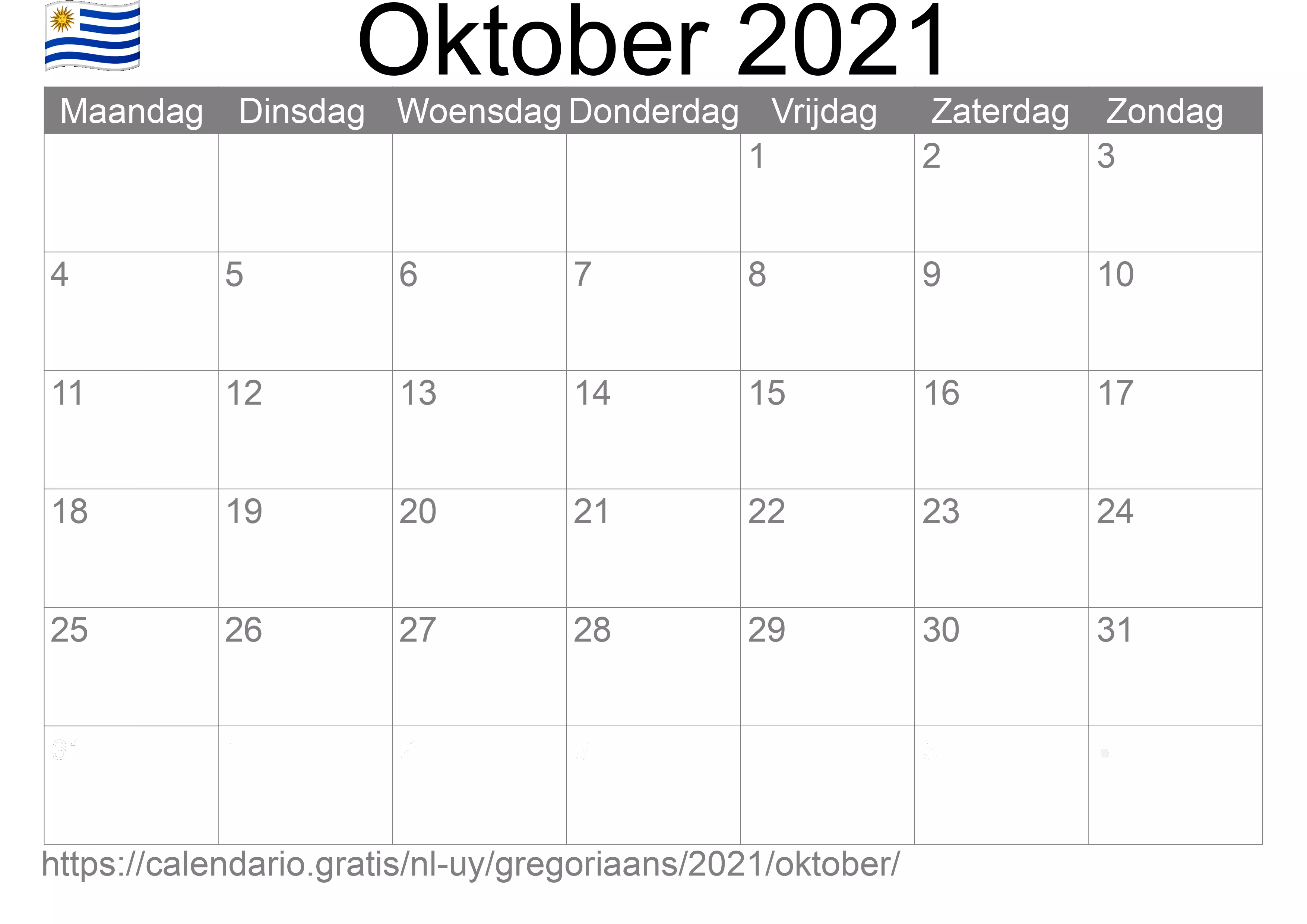 Kalender Oktober 2021 om af te drukken (Uruguay)
