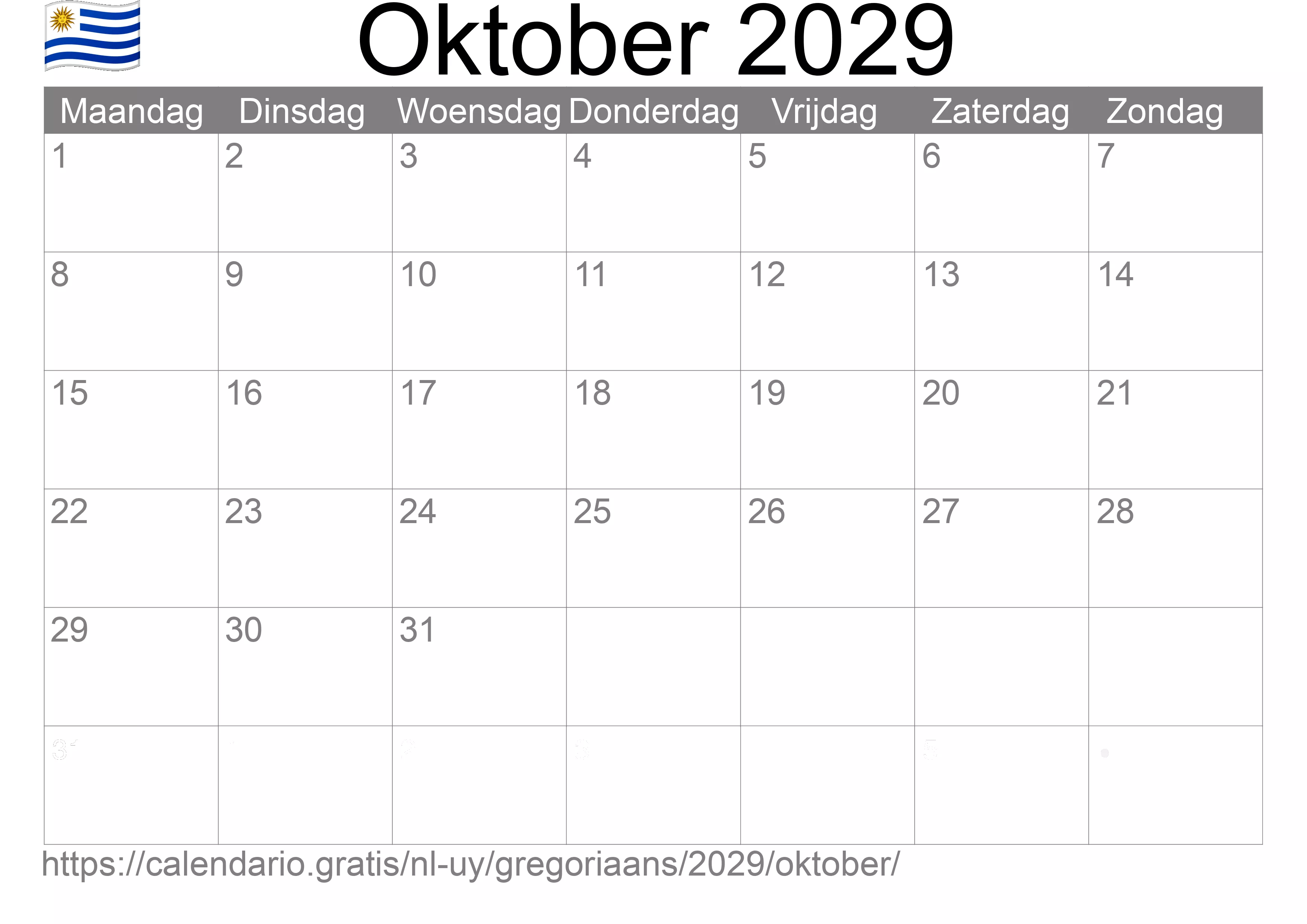 Kalender Oktober 2029 om af te drukken (Uruguay)