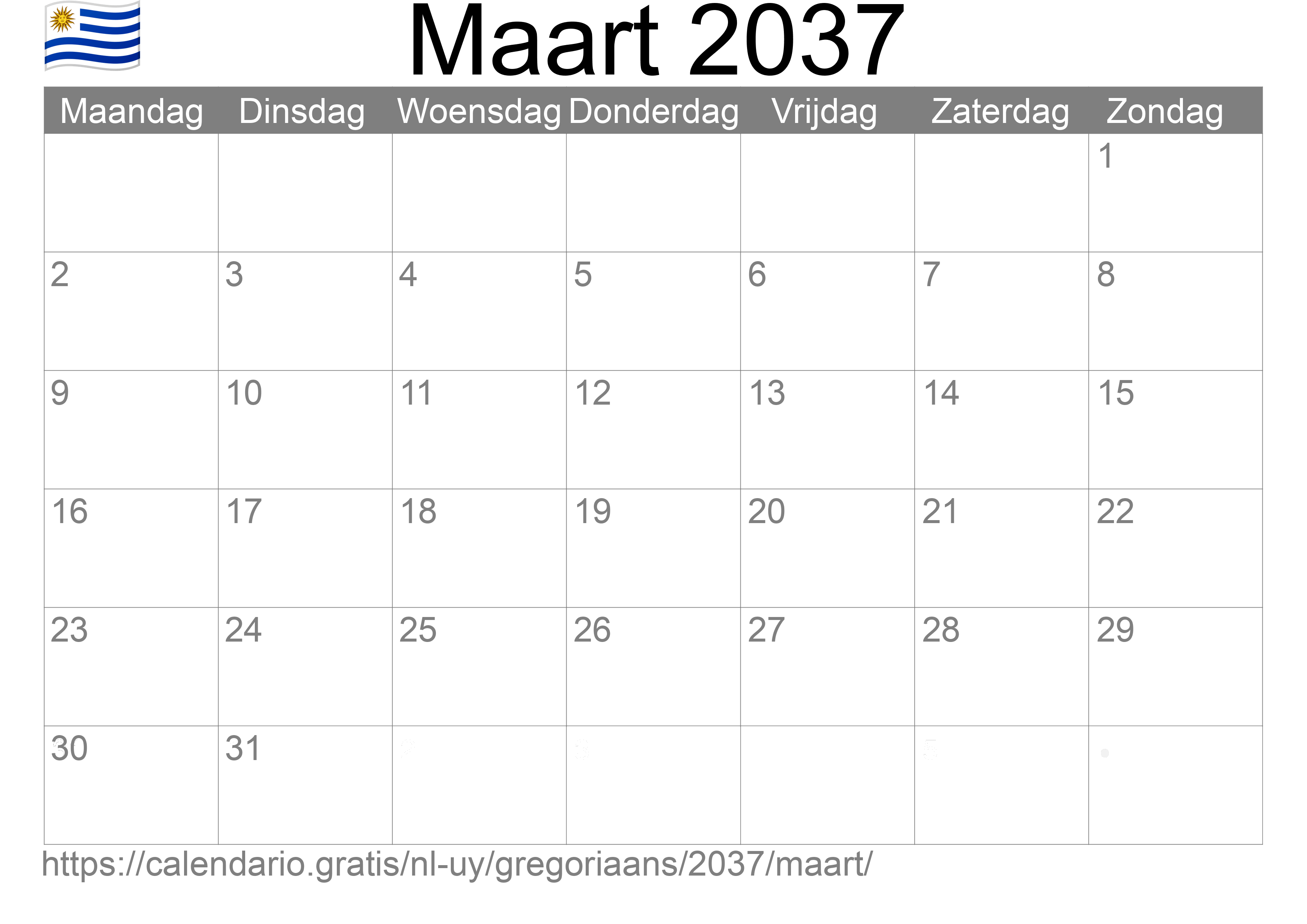 Kalender Maart 2037 om af te drukken