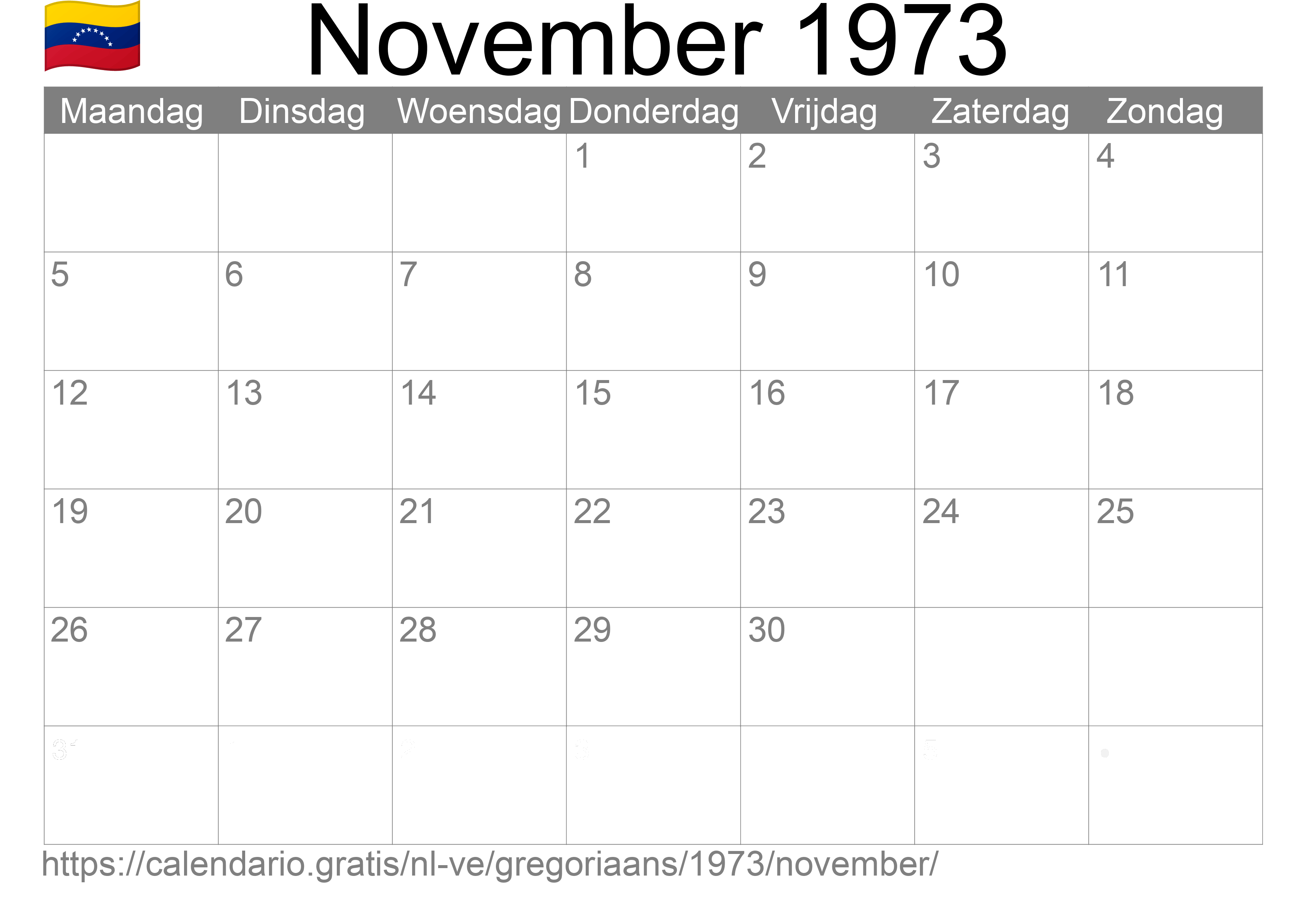 Kalender November 1973 om af te drukken