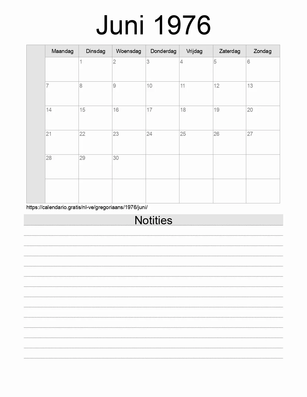 Kalender voor Juni 1976 om af te drukken met notities. (Venezuela)