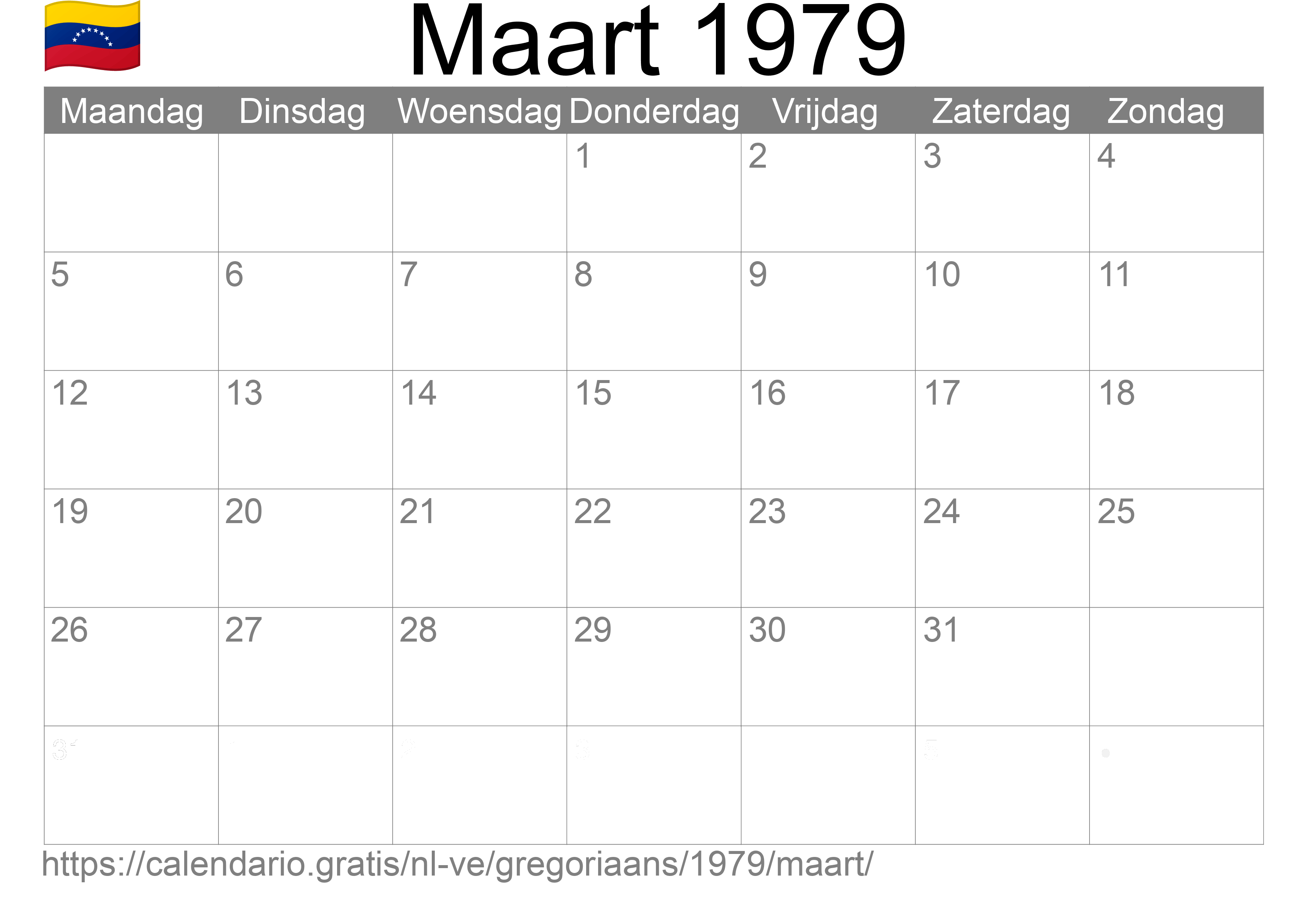 Kalender Maart 1979 om af te drukken