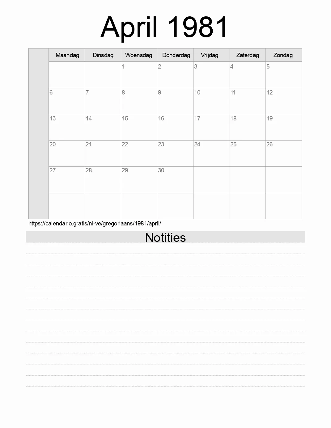 Kalender voor April 1981 om af te drukken met notities. (Venezuela)