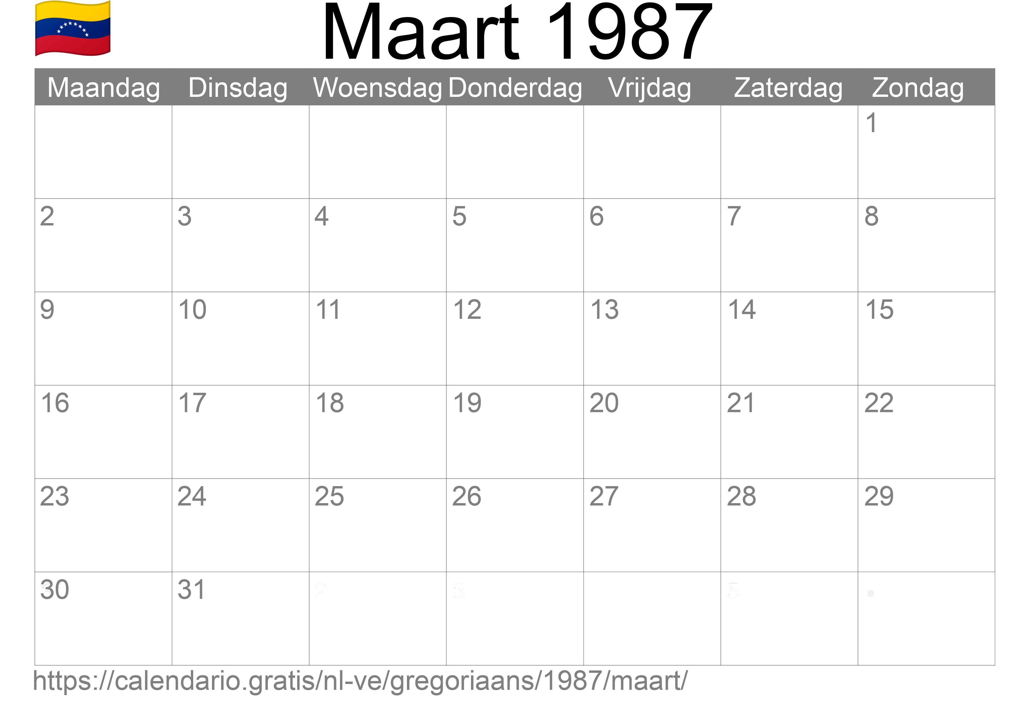 Kalender Maart 1987 om af te drukken