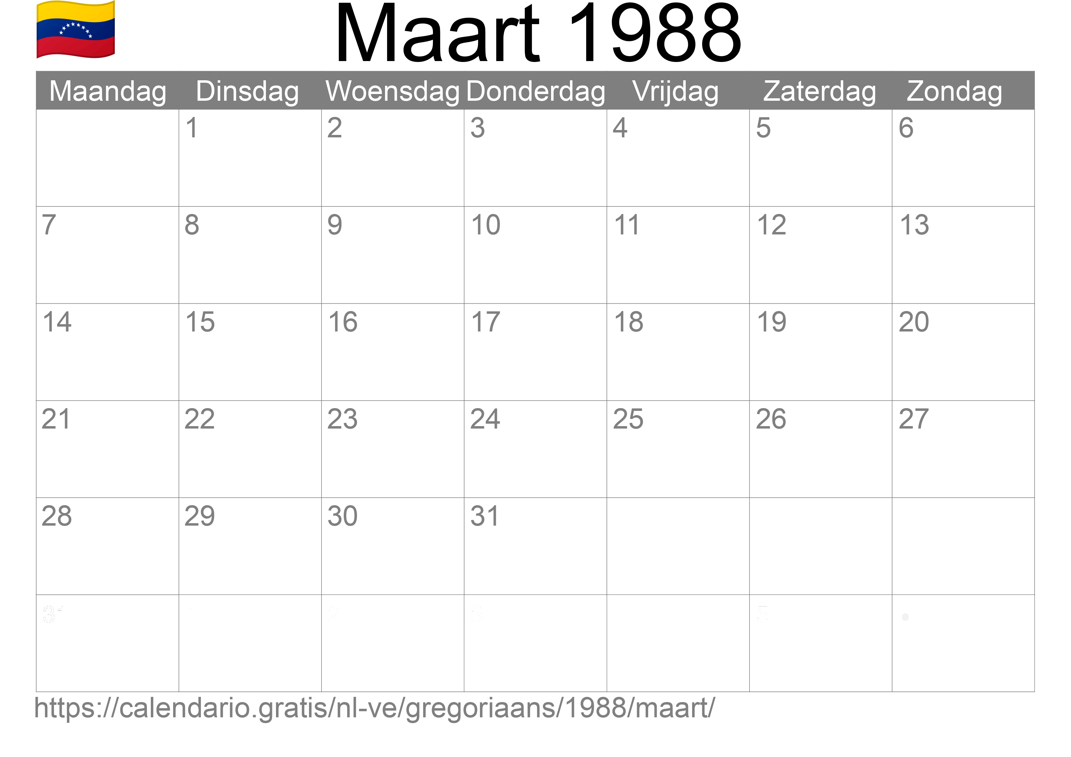 Kalender Maart 1988 om af te drukken