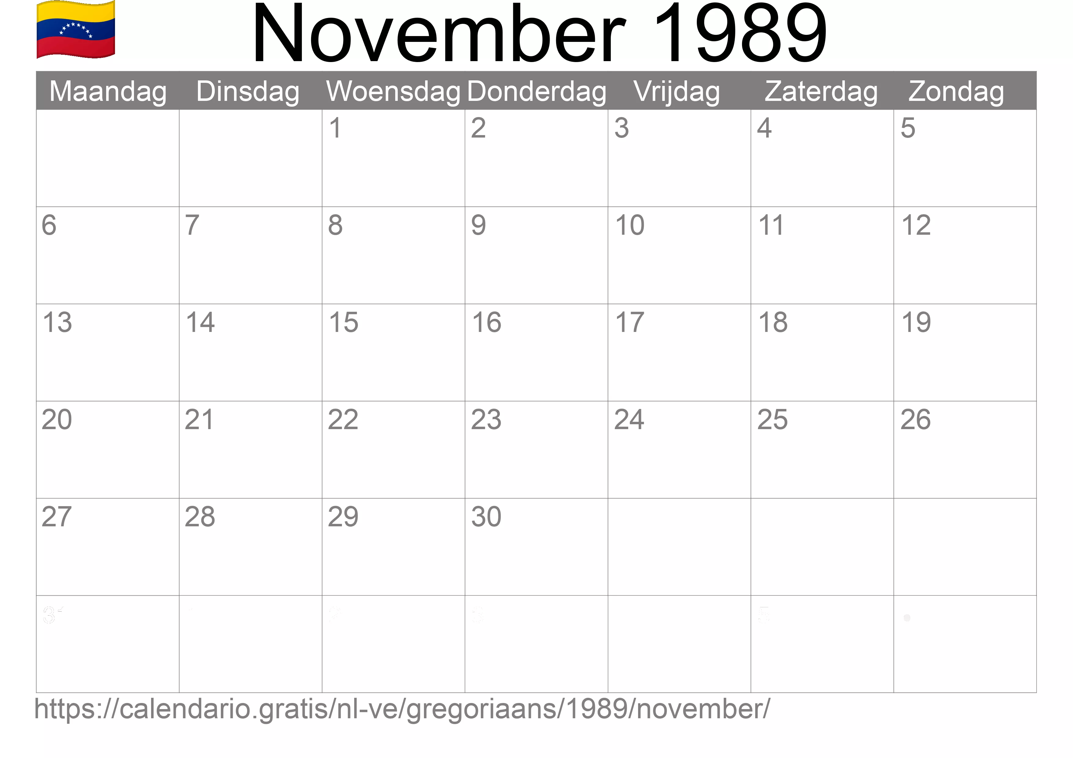 Kalender November 1989 om af te drukken (Venezuela)