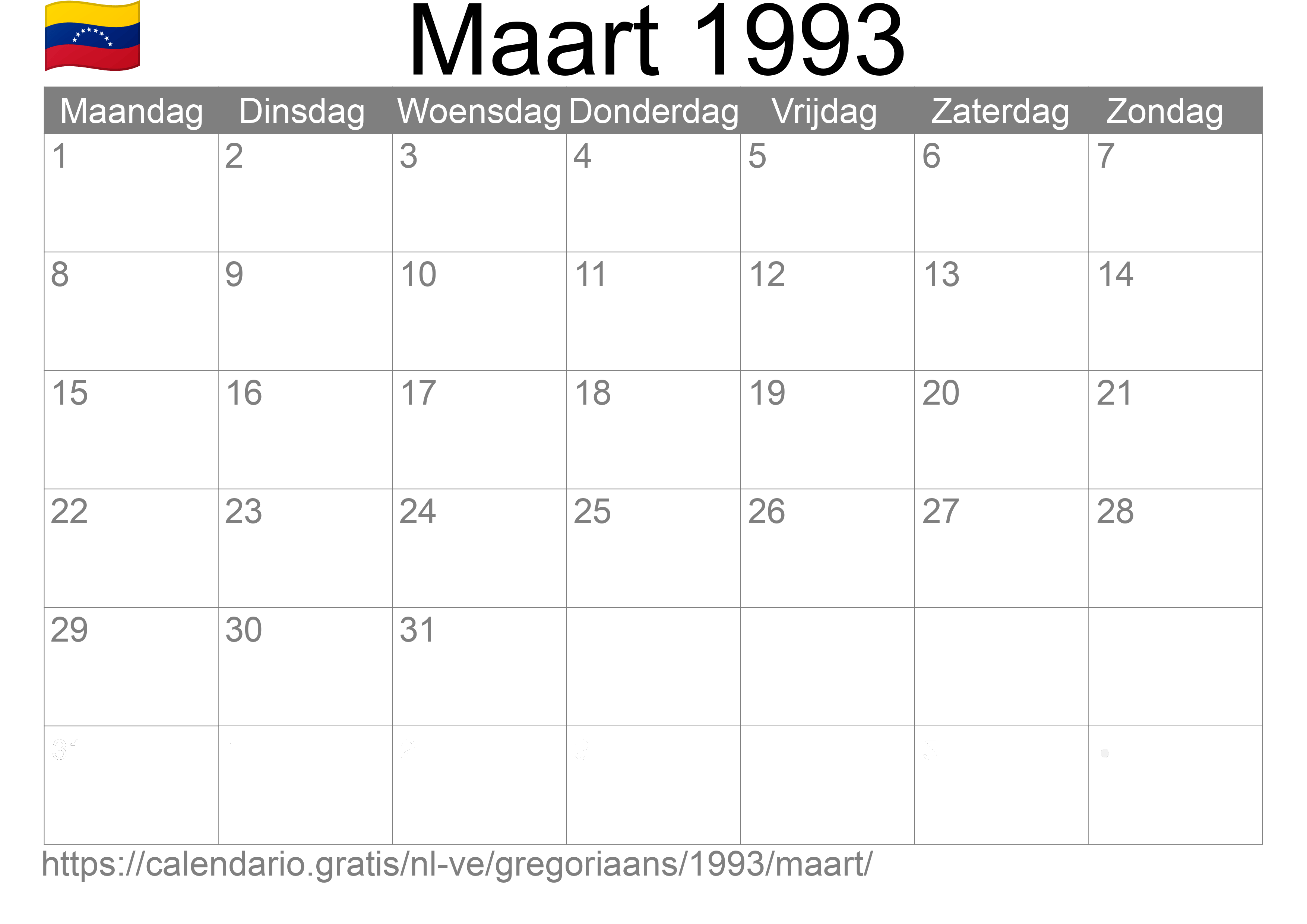 Kalender Maart 1993 om af te drukken