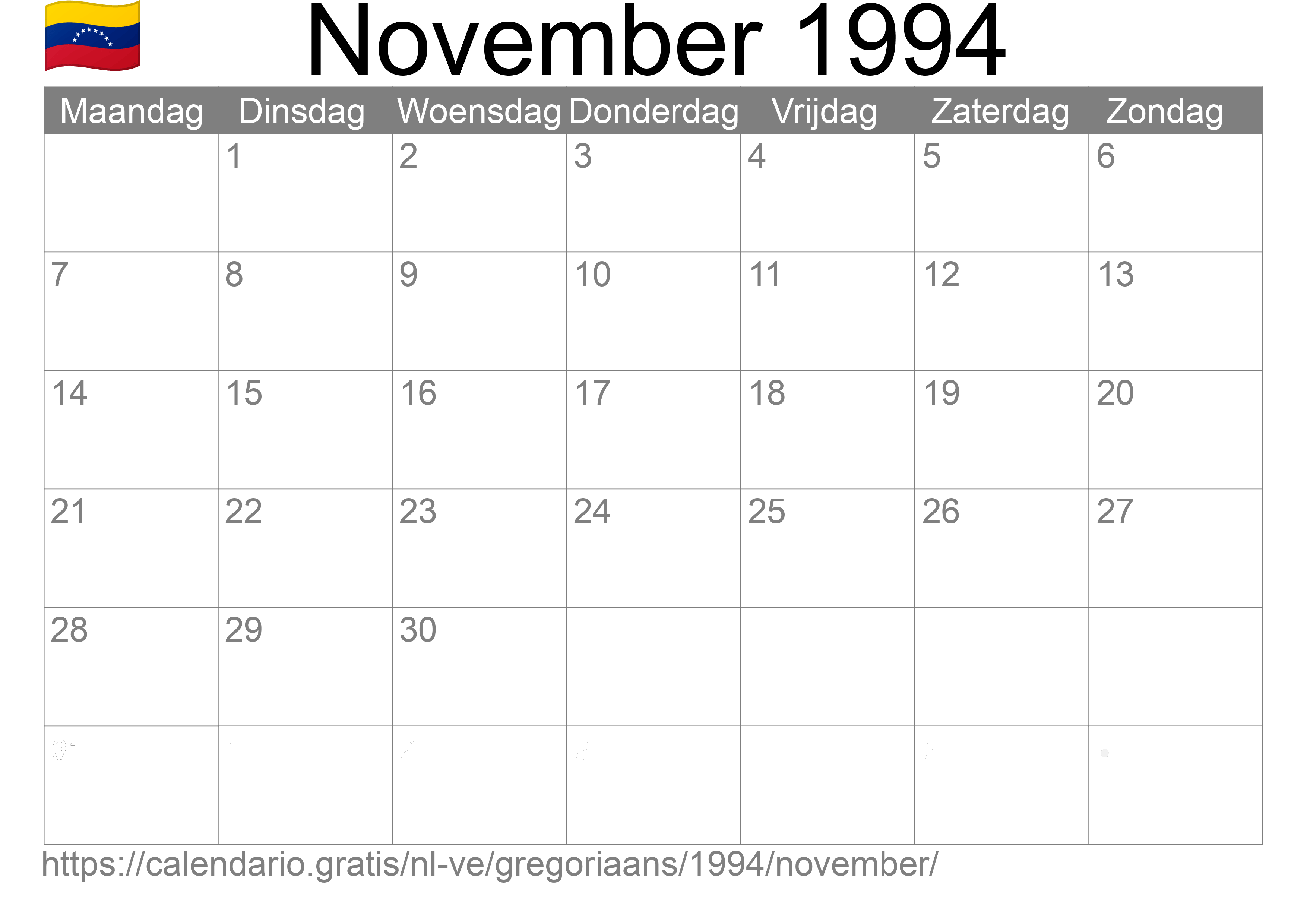 Kalender November 1994 om af te drukken