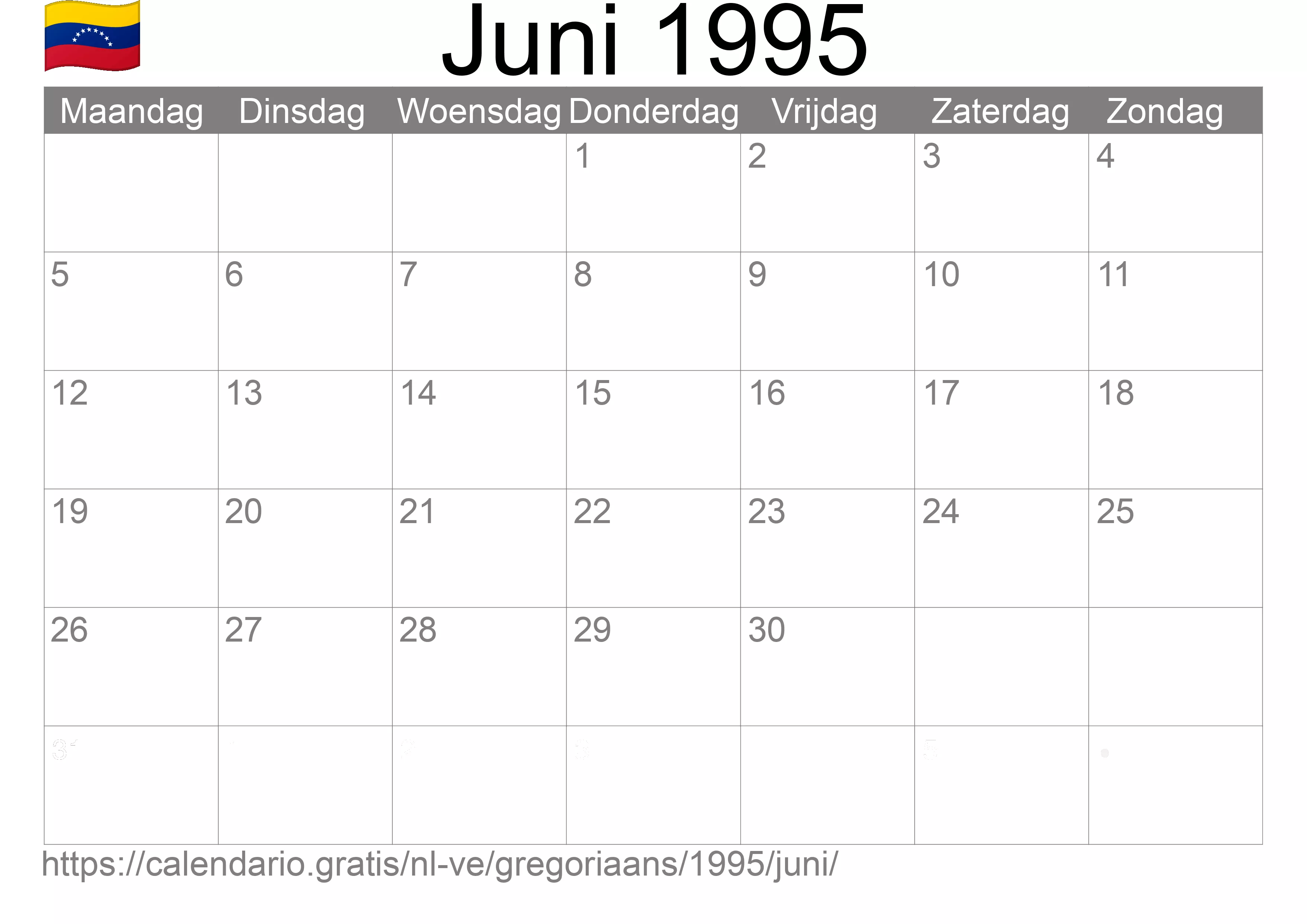 Kalender Juni 1995 om af te drukken (Venezuela)