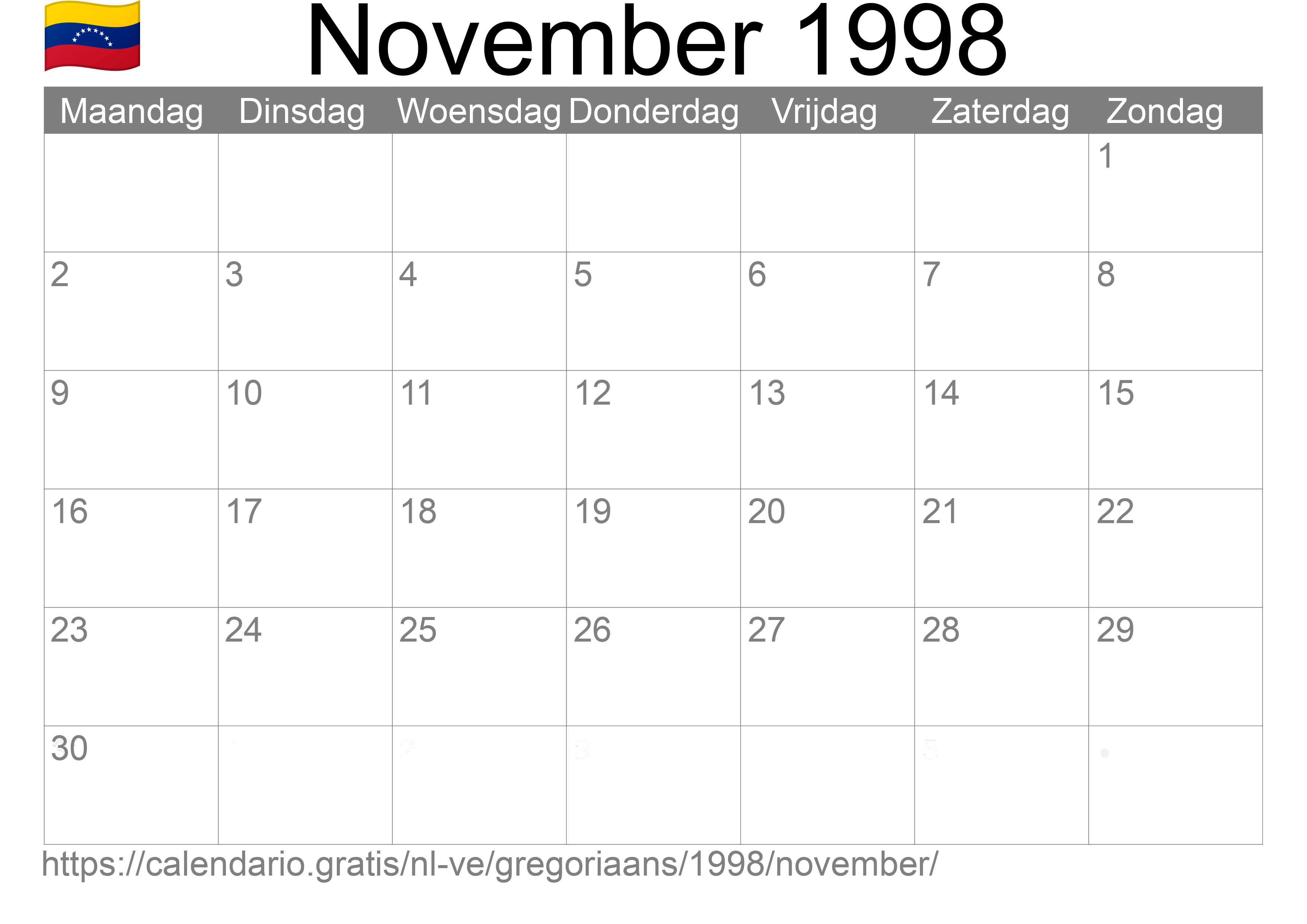 Kalender November 1998 om af te drukken