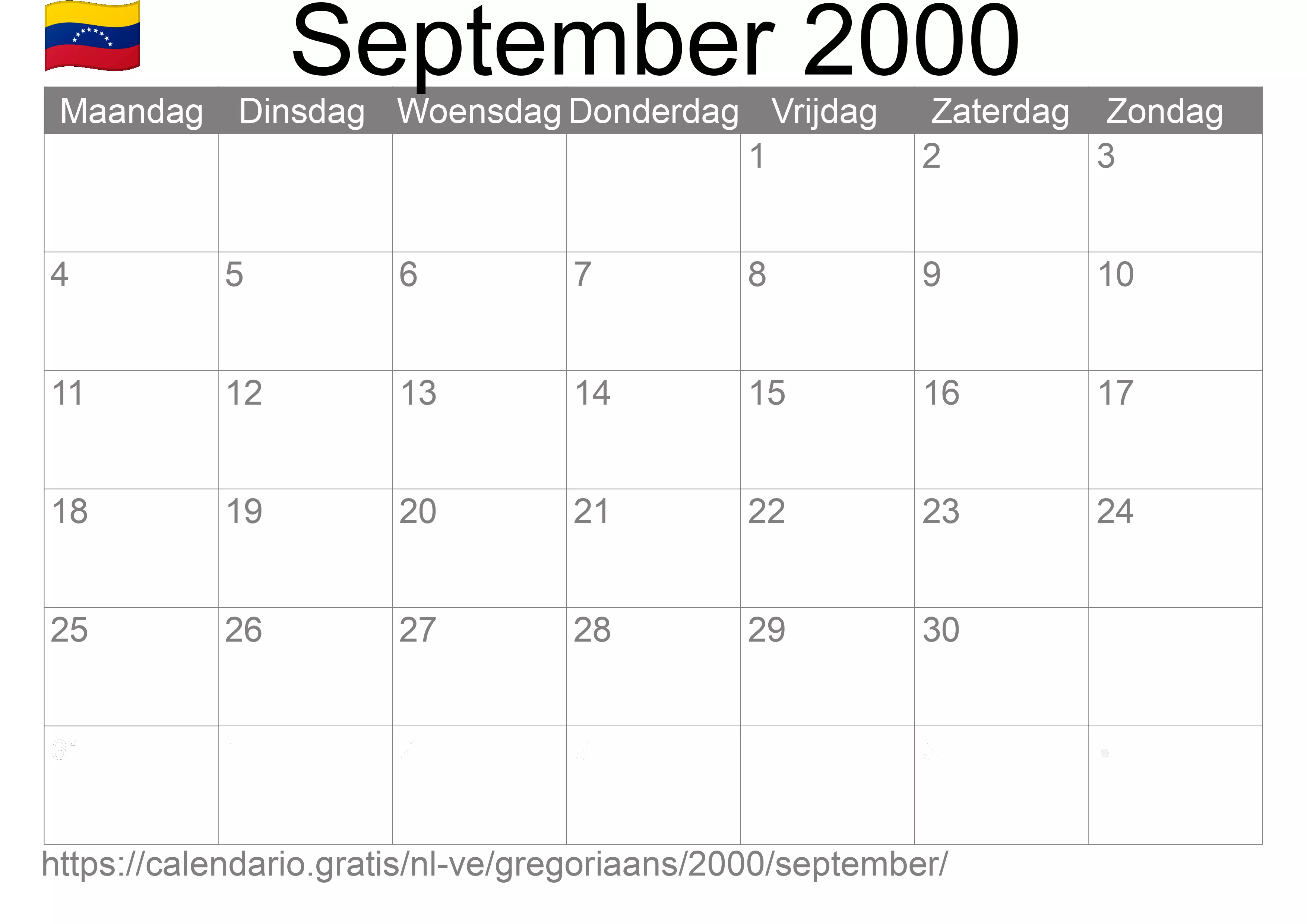 Kalender September 2000 om af te drukken (Venezuela)