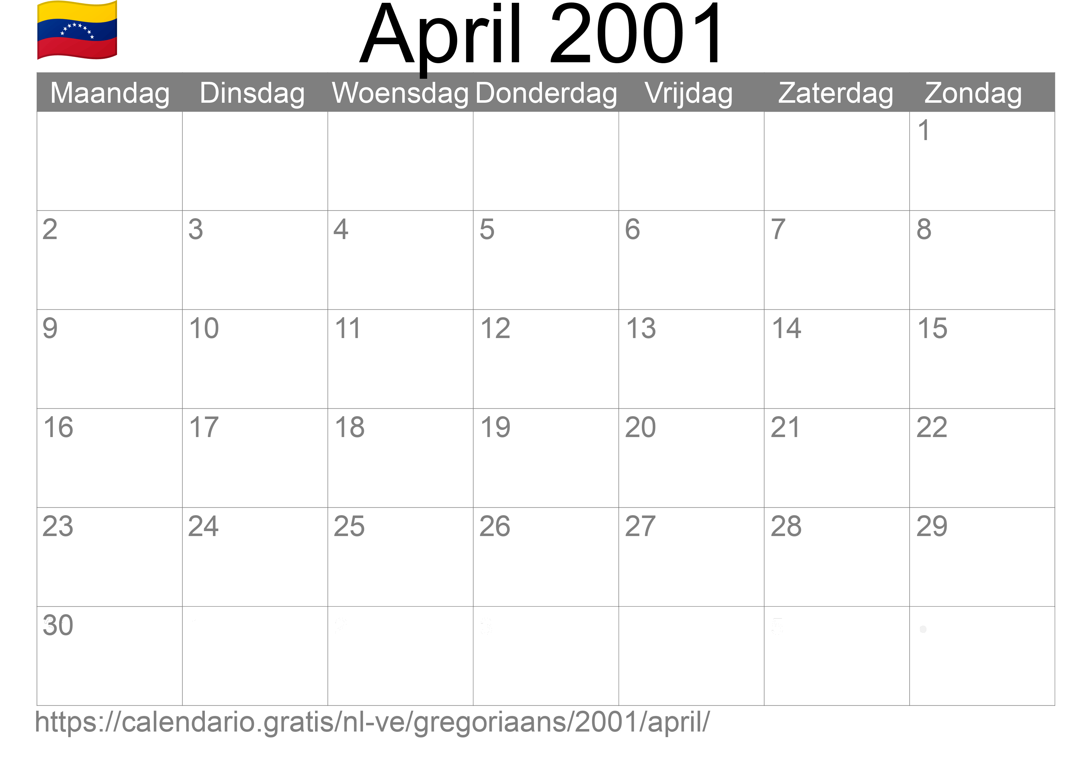 Kalender April 2001 om af te drukken