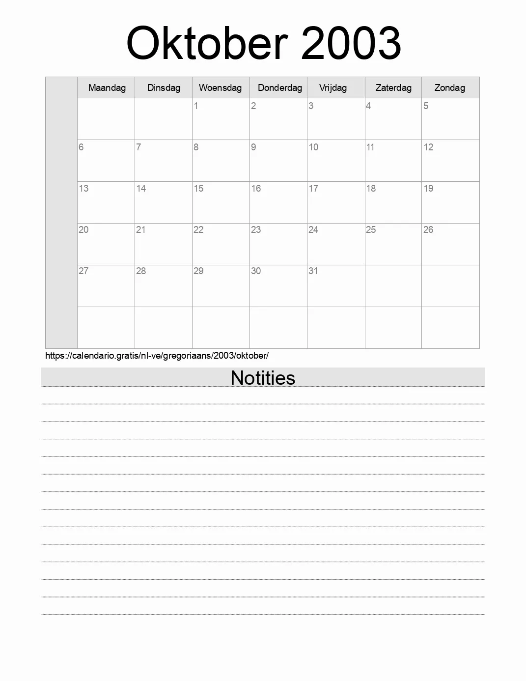 Kalender voor Oktober 2003 om af te drukken met notities. (Venezuela) Kalender voor Oktober 2003 om af te drukken met notities. (Venezuela)