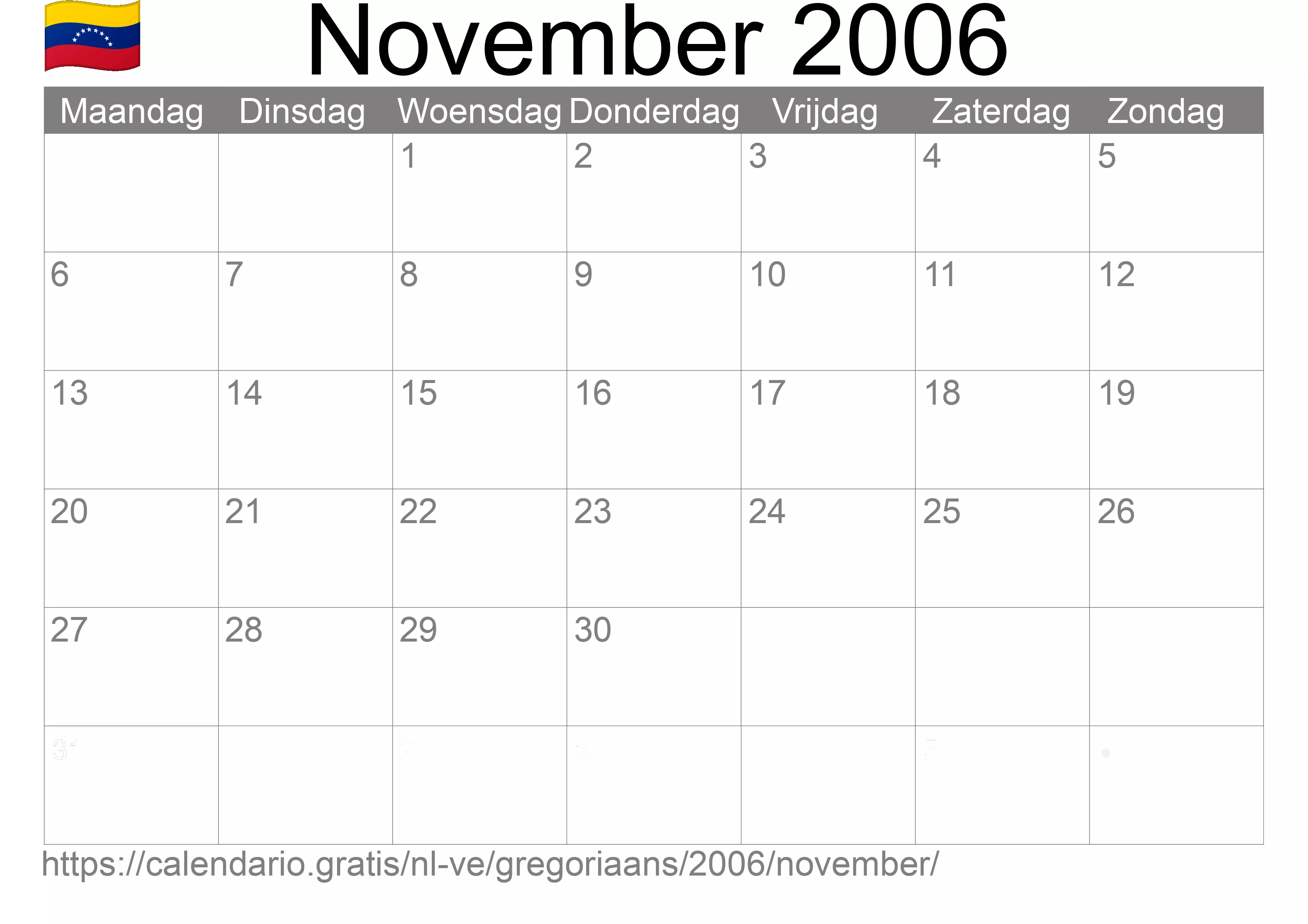 Kalender November 2006 om af te drukken (Venezuela)