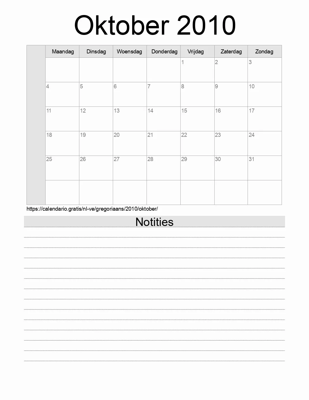 Kalender voor Oktober 2010 om af te drukken met notities. (Venezuela)