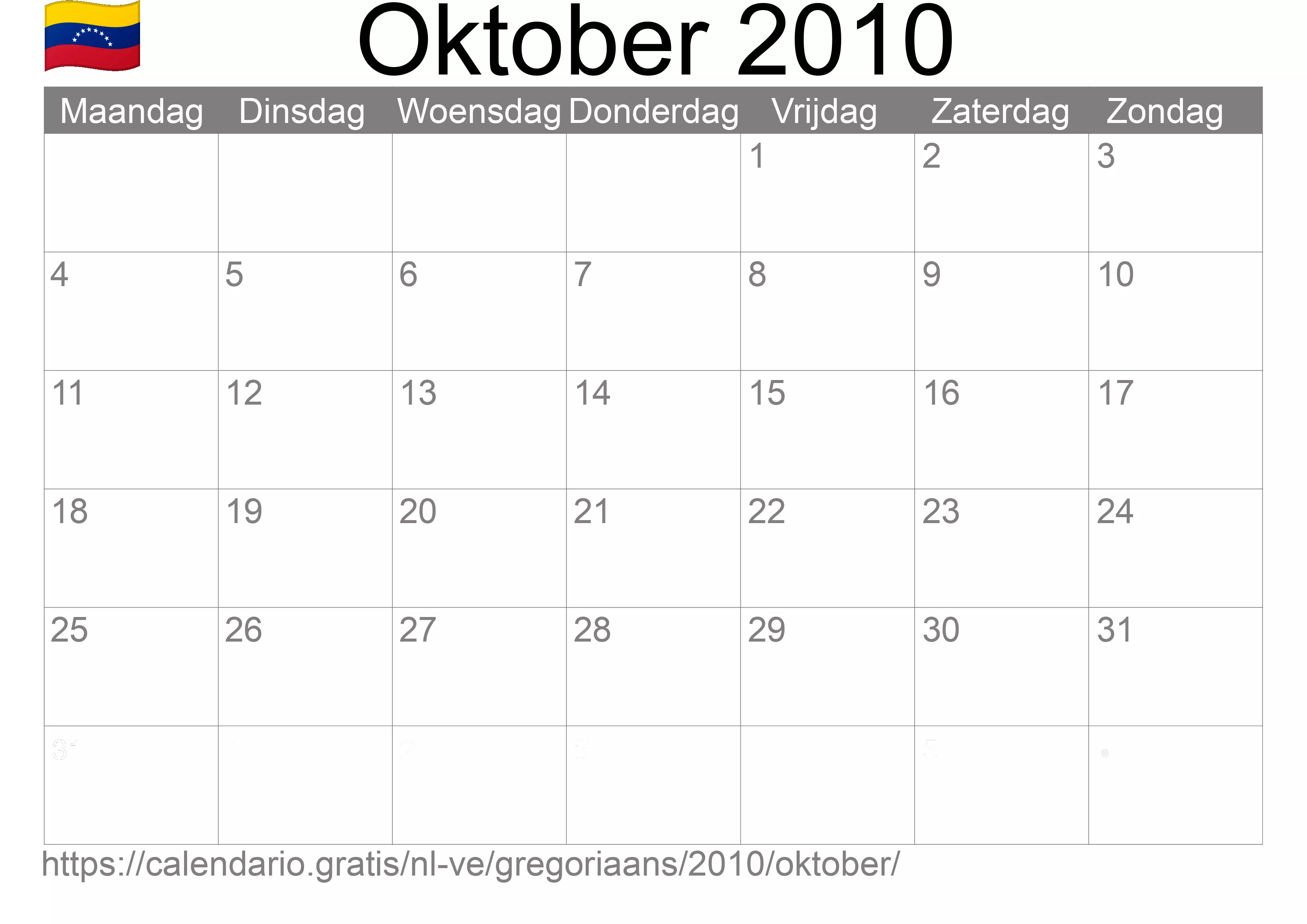 Kalender Oktober 2010 om af te drukken (Venezuela)