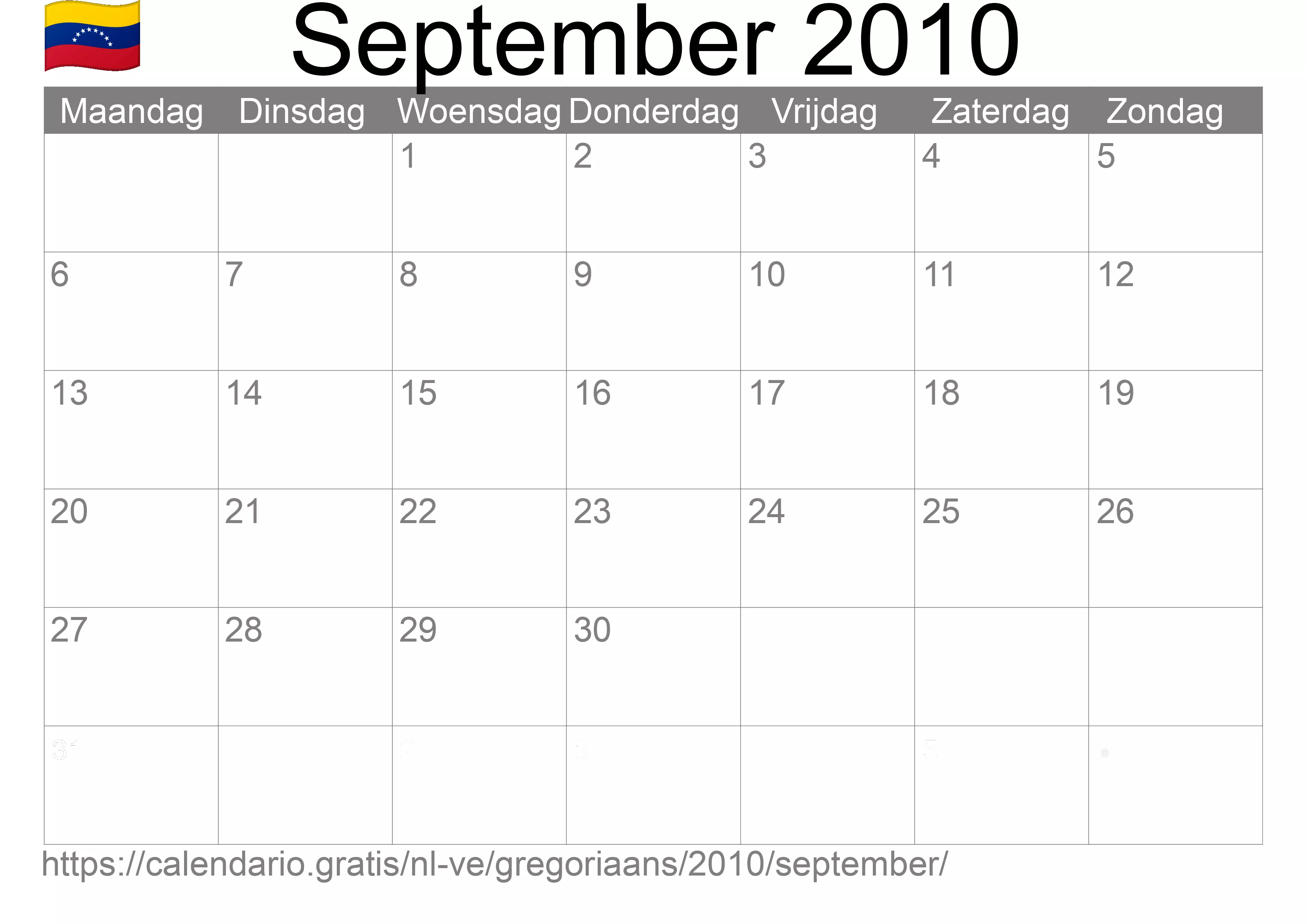 Kalender September 2010 om af te drukken (Venezuela)