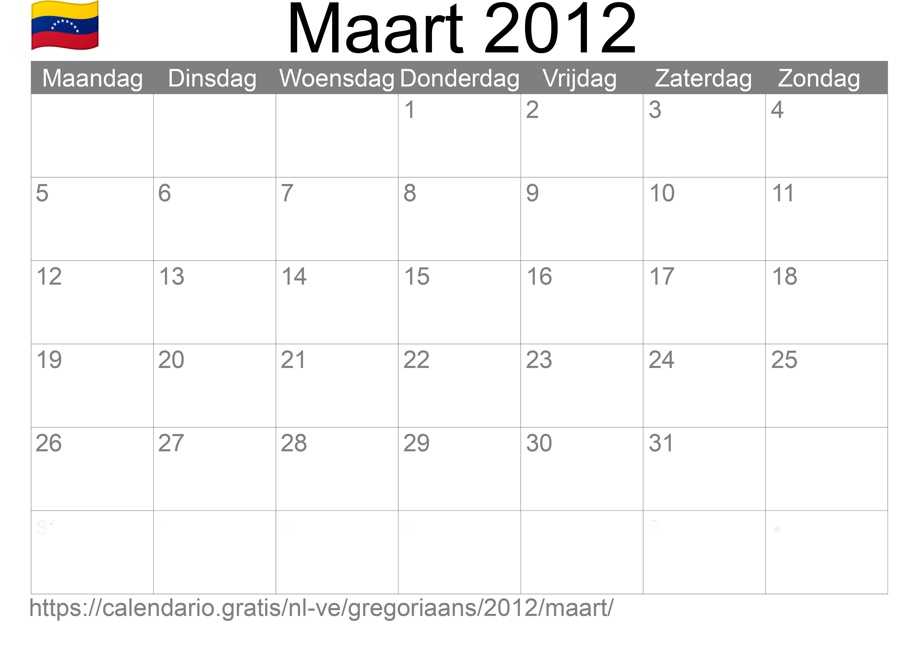 Kalender Maart 2012 om af te drukken