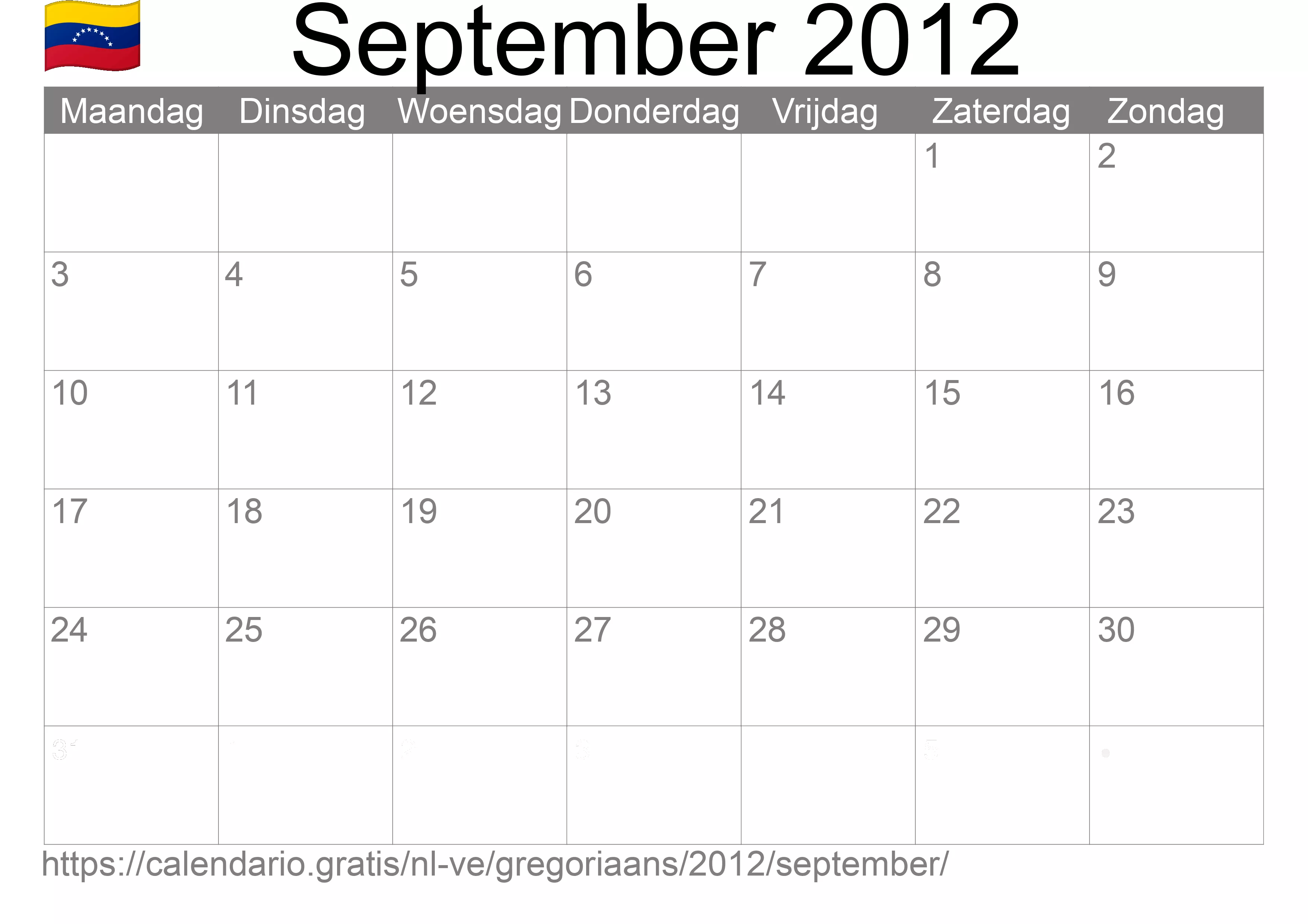 Kalender September 2012 om af te drukken (Venezuela)