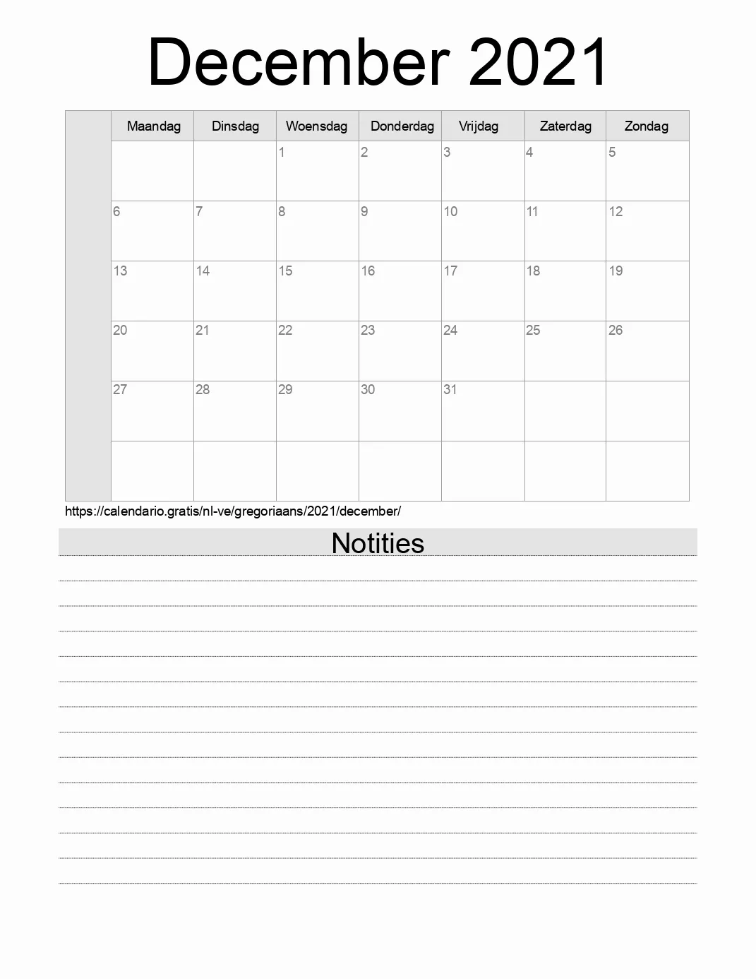 Kalender voor December 2021 om af te drukken met notities. (Venezuela)