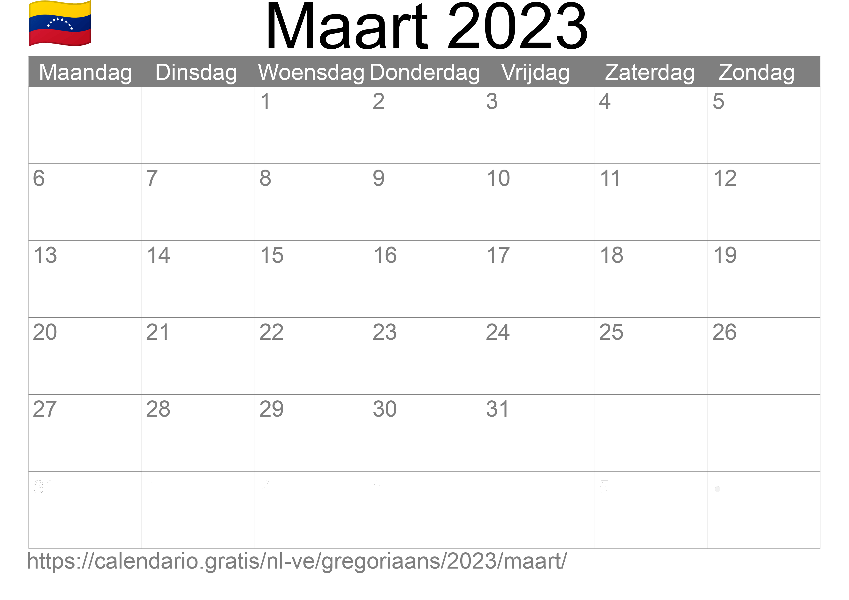 Kalender Maart 2023 om af te drukken