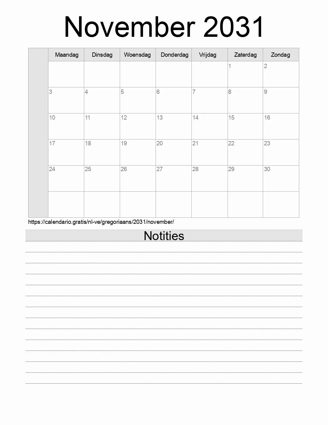 Kalender voor November 2031 om af te drukken met notities. (Venezuela)