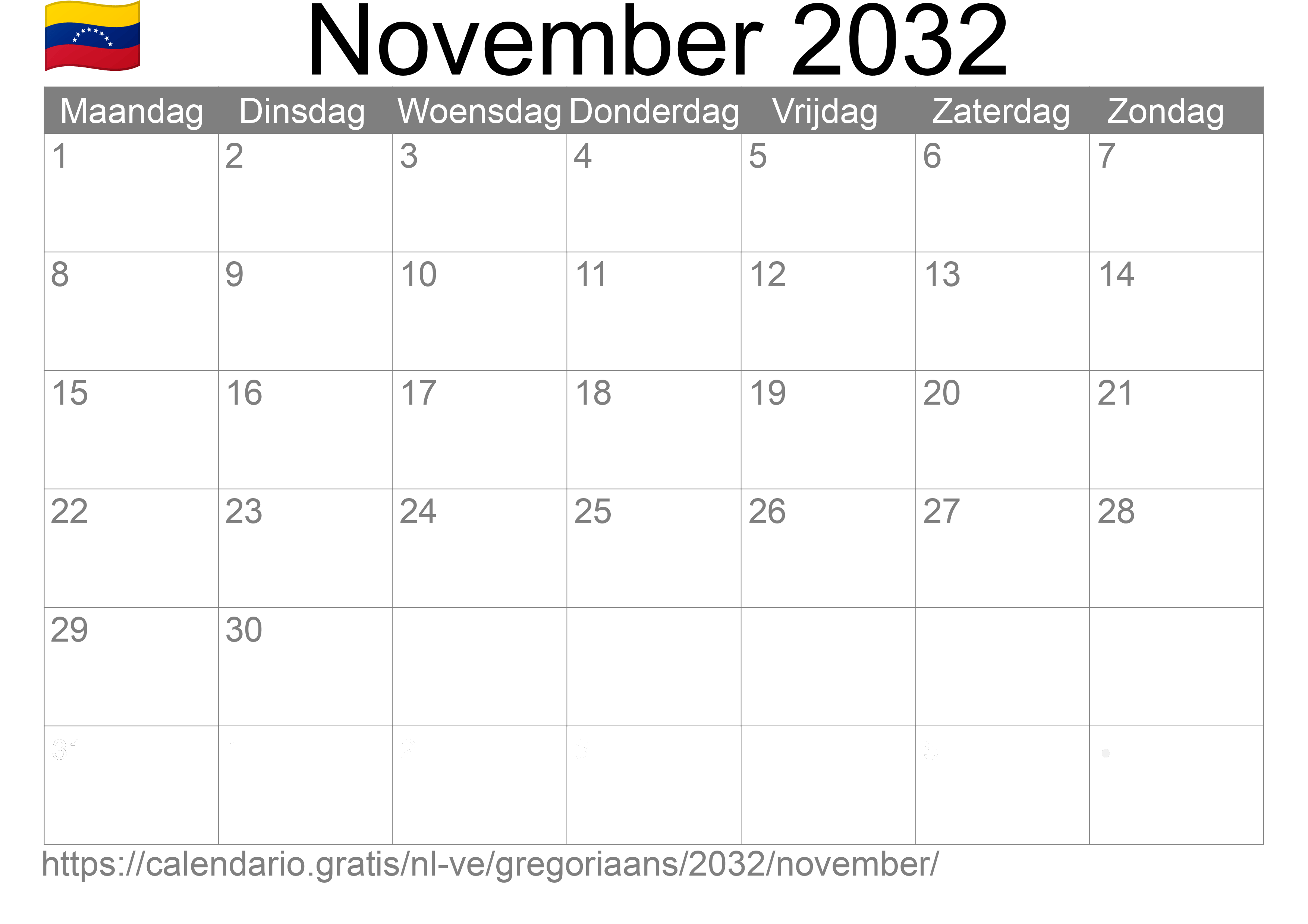 Kalender November 2032 om af te drukken