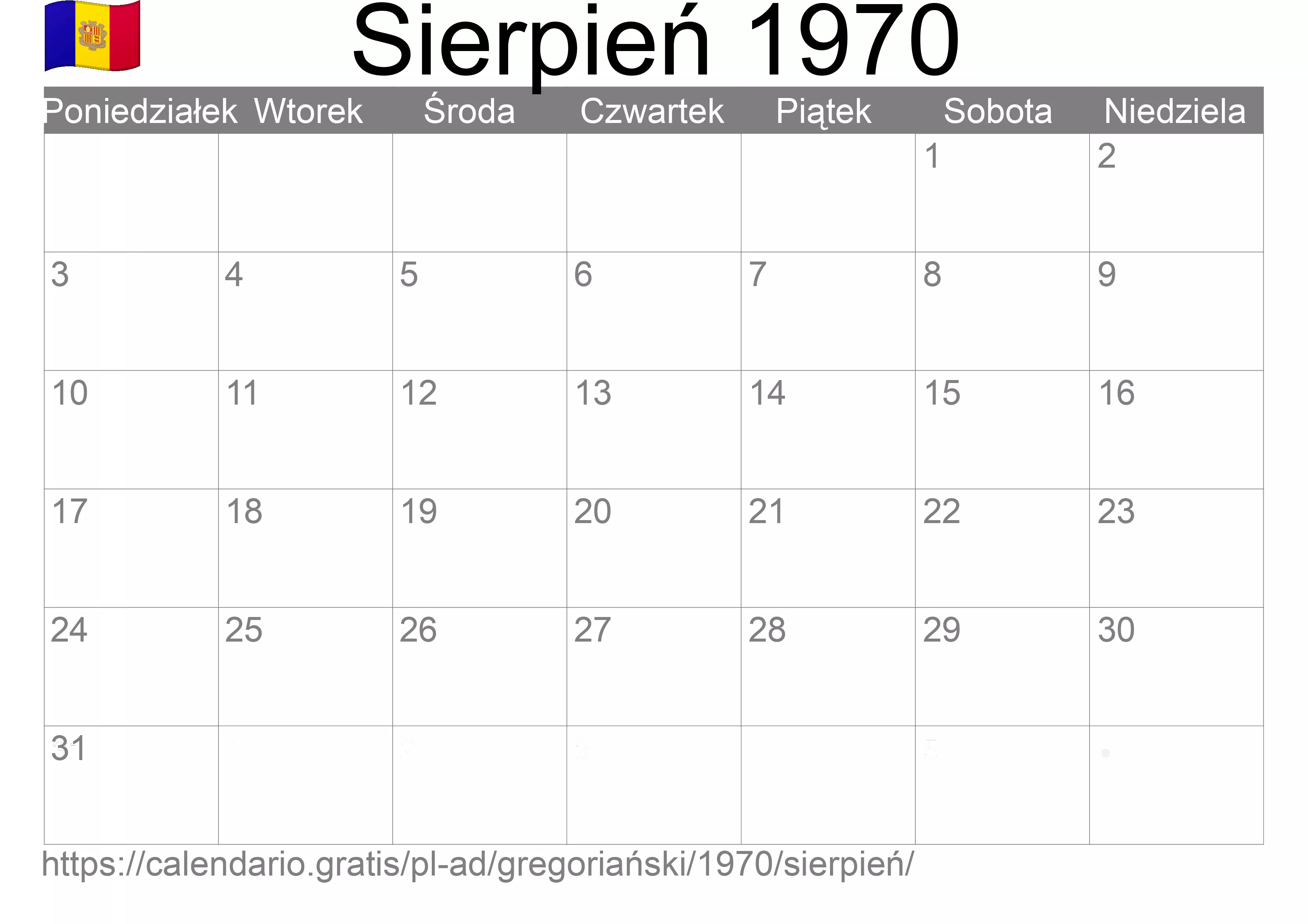 Kalendarz na Sierpień 1970 do druku (Andora)