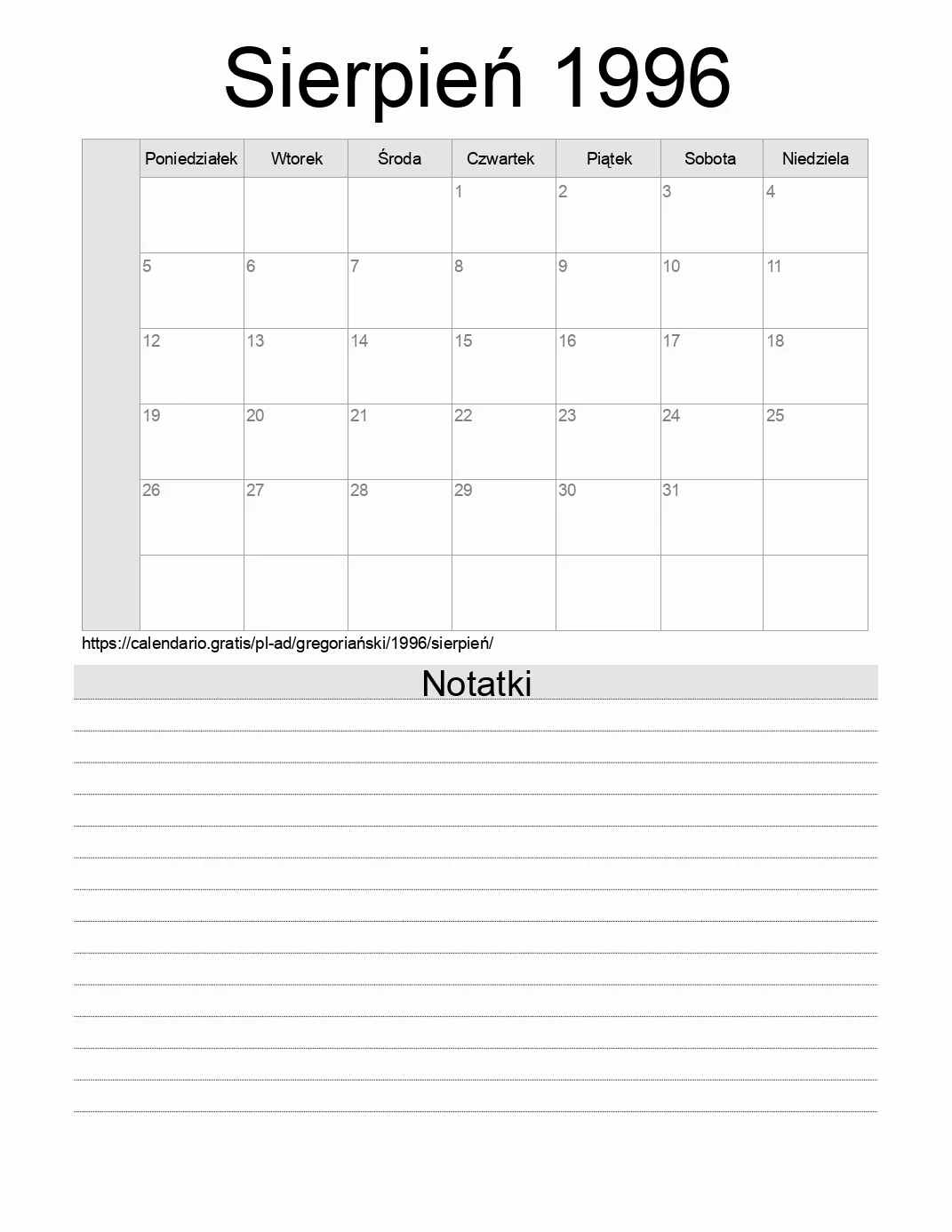 Kalendarz na Sierpień 1996 do druku z notatkami. (Andora) Kalendarz na Sierpień 1996 do druku z notatkami. (Andora)
