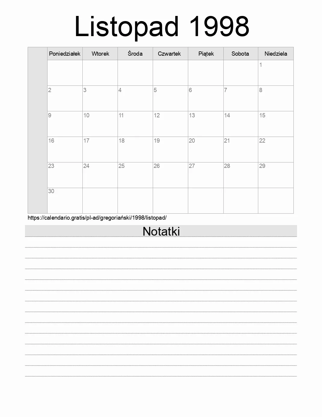 Kalendarz na Listopad 1998 do druku z notatkami. (Andora)