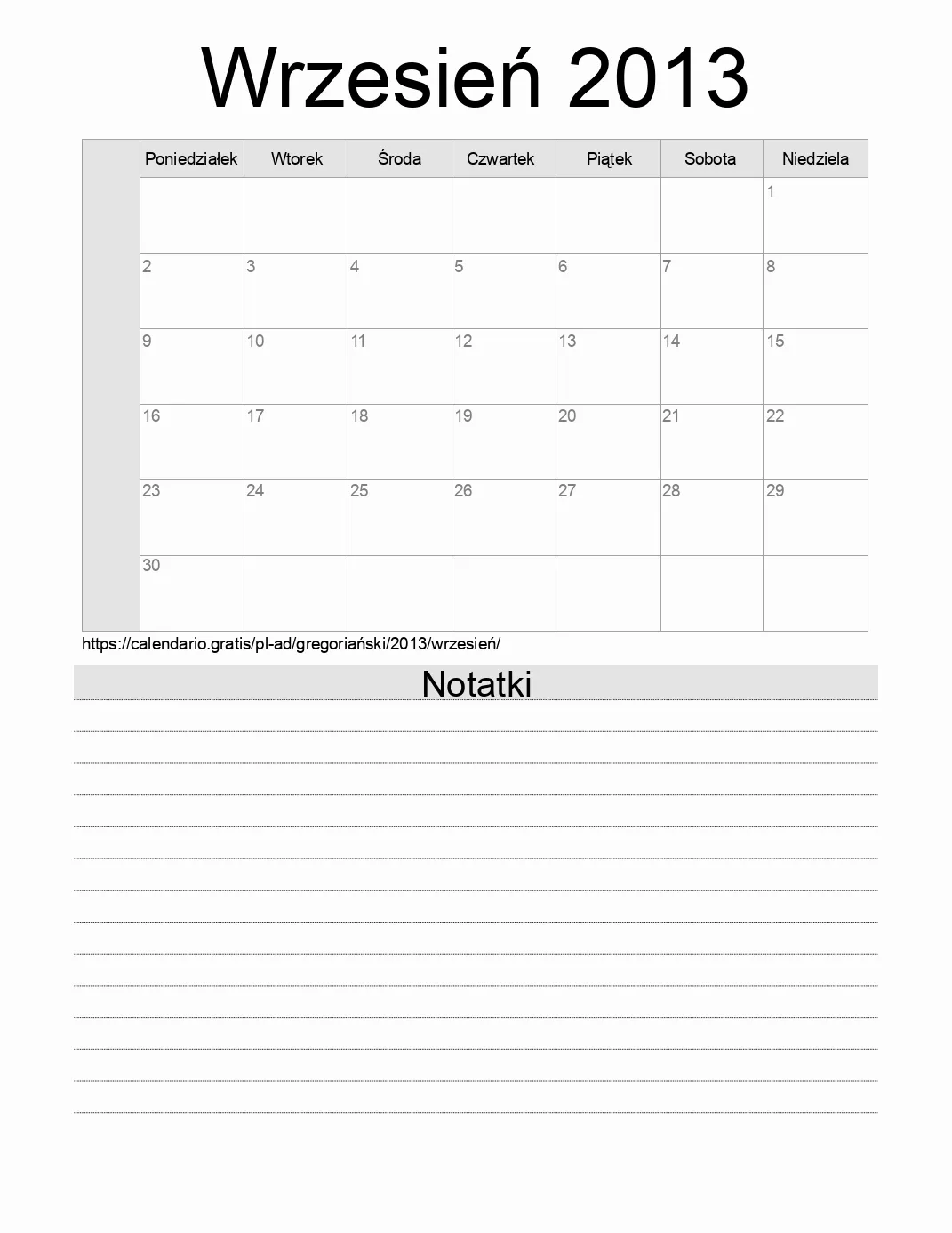 Kalendarz na Wrzesień 2013 do druku z notatkami. (Andora)