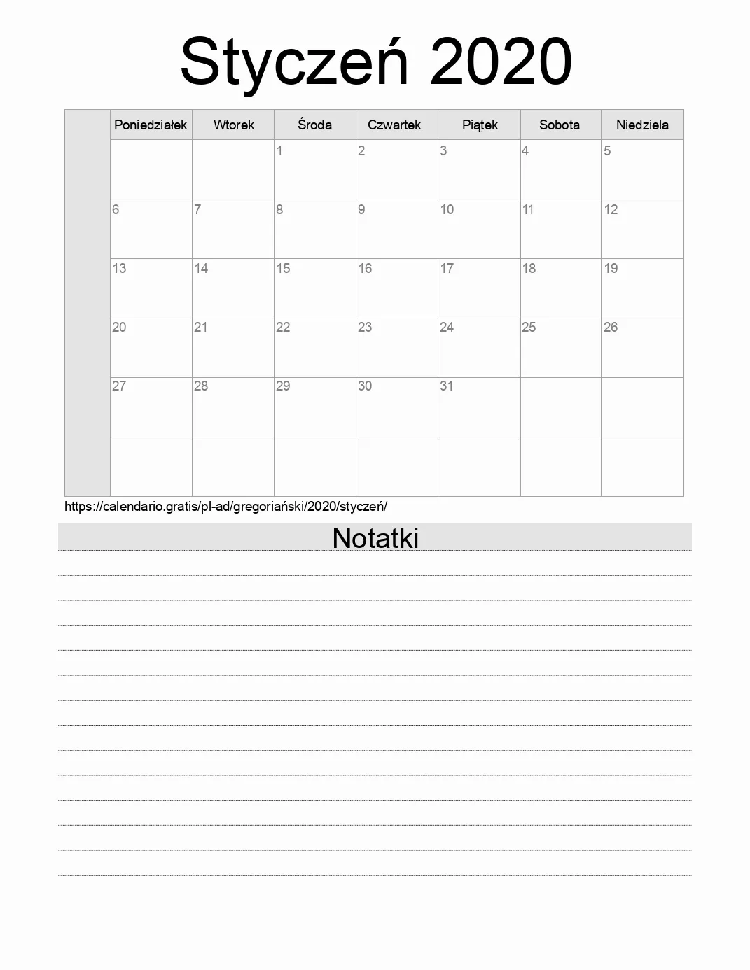 Kalendarz na Styczeń 2020 do druku z notatkami. (Andora) Kalendarz na Styczeń 2020 do druku z notatkami. (Andora)