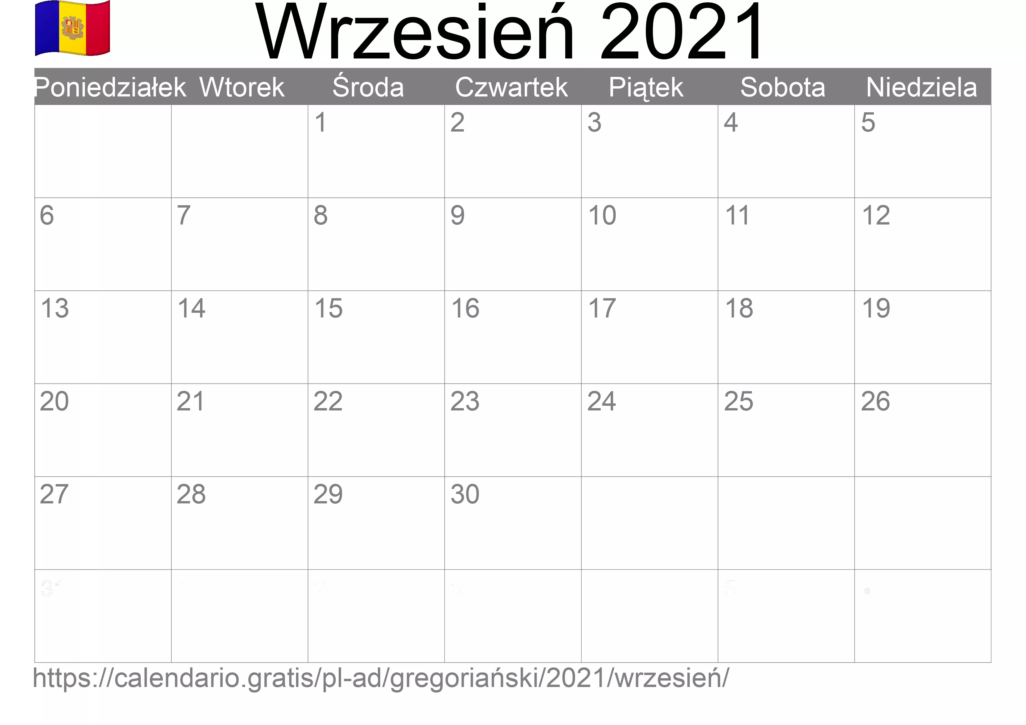 Kalendarz na Wrzesień 2021 do druku (Andora) Kalendarz na Wrzesień 2021 do druku (Andora)