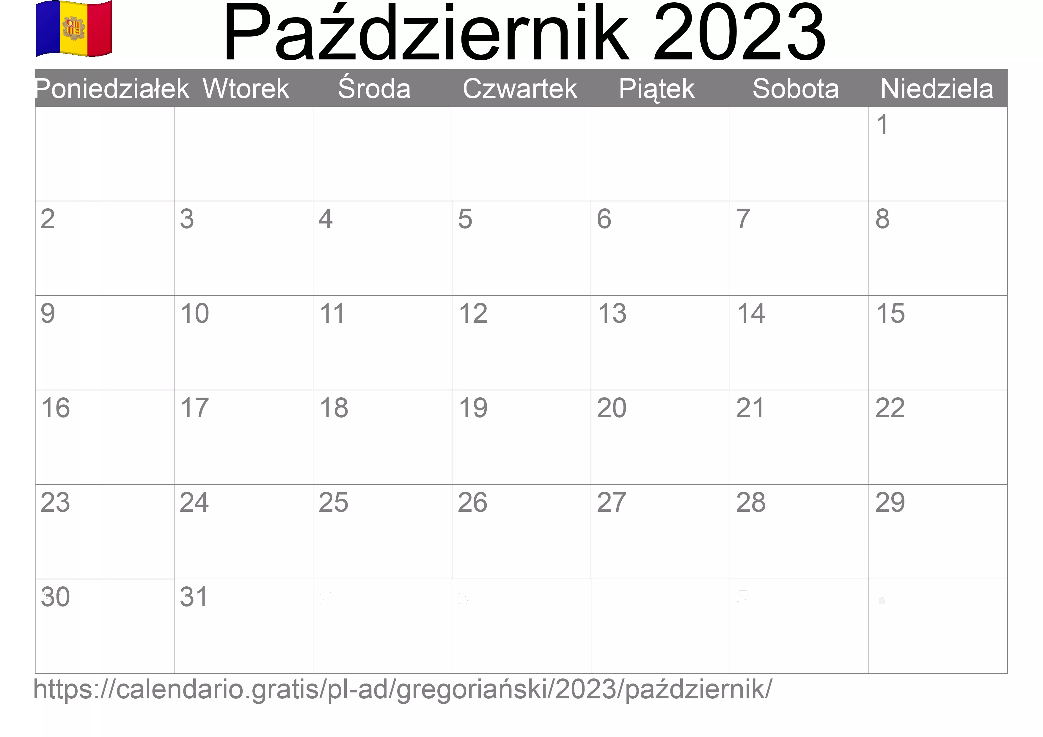 Kalendarz na Październik 2023 do druku (Andora) Kalendarz na Październik 2023 do druku (Andora)
