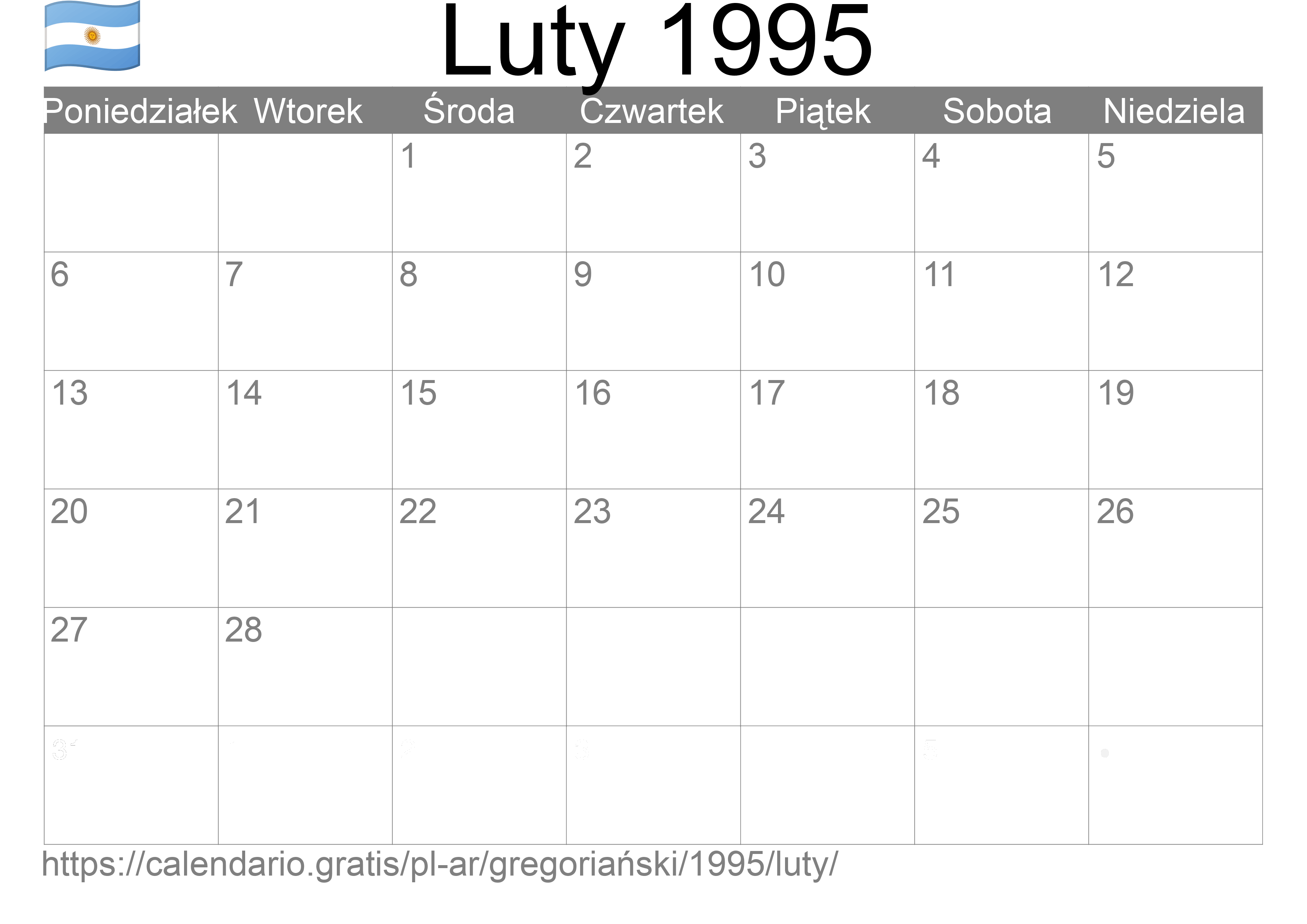 Kalendarz na Luty 1995 do druku