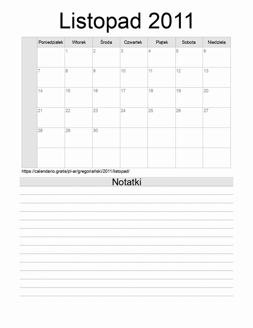 Kalendarz na Listopad 2011 do druku z notatkami. (Argentyna)