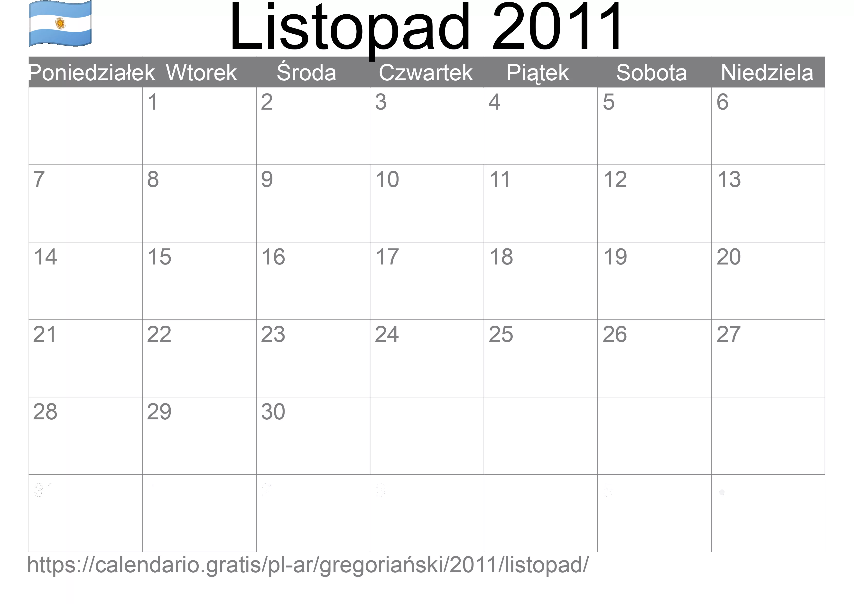 Kalendarz na Listopad 2011 do druku (Argentyna)