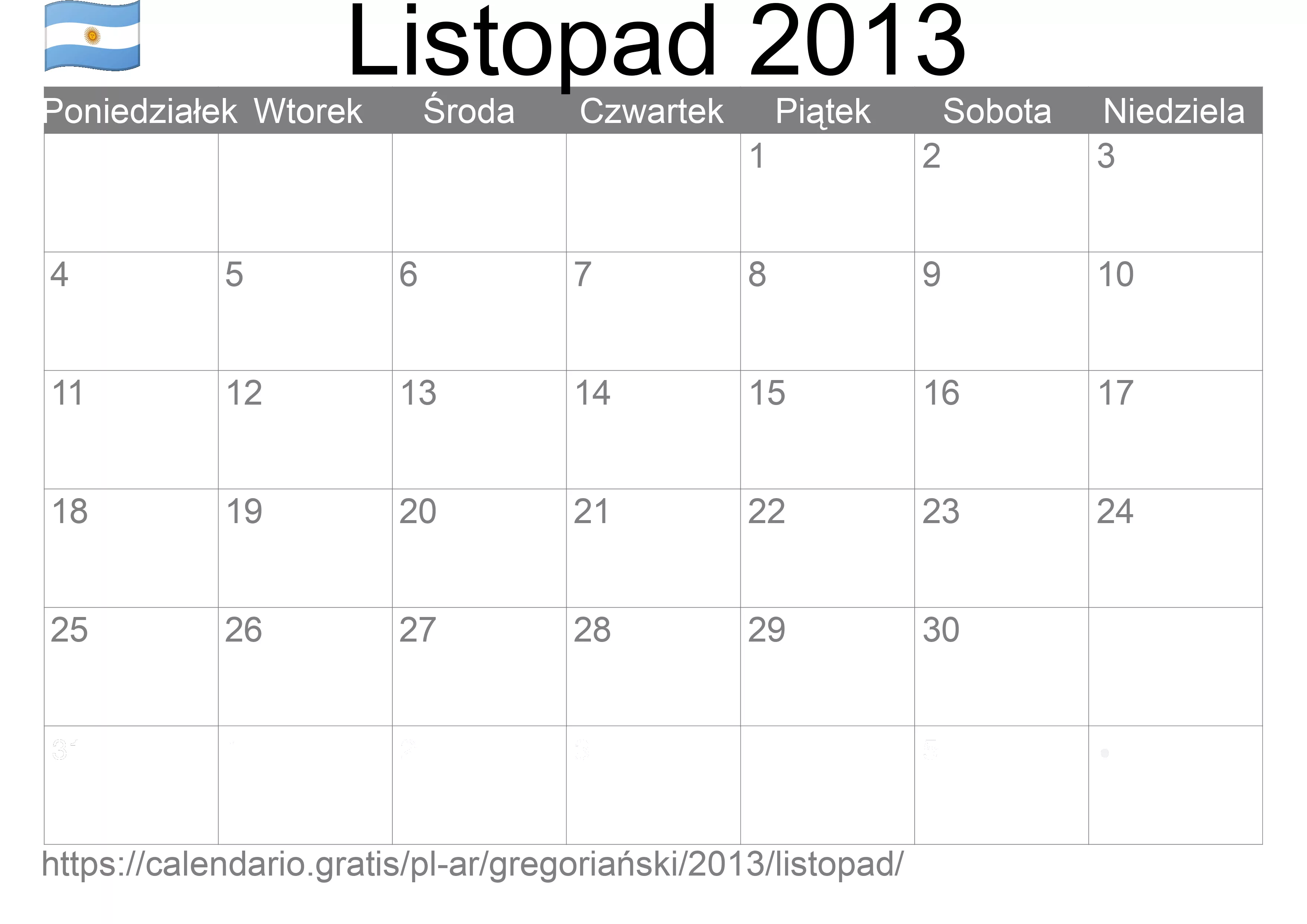 Kalendarz na Listopad 2013 do druku (Argentyna) Kalendarz na Listopad 2013 do druku (Argentyna)