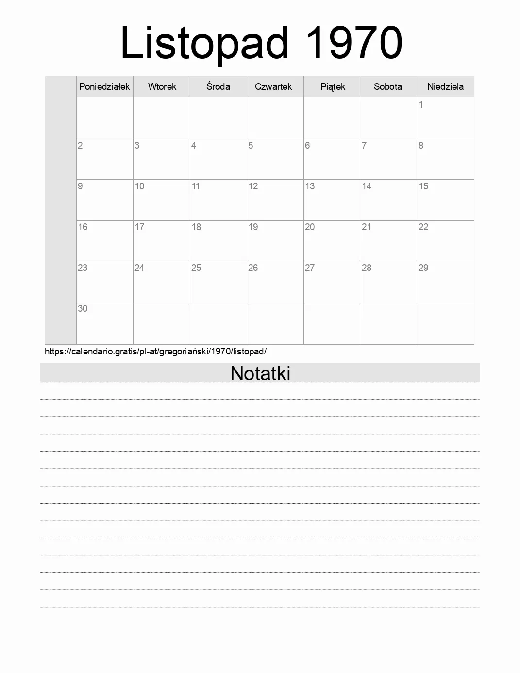 Kalendarz na Listopad 1970 do druku z notatkami. (Austria)