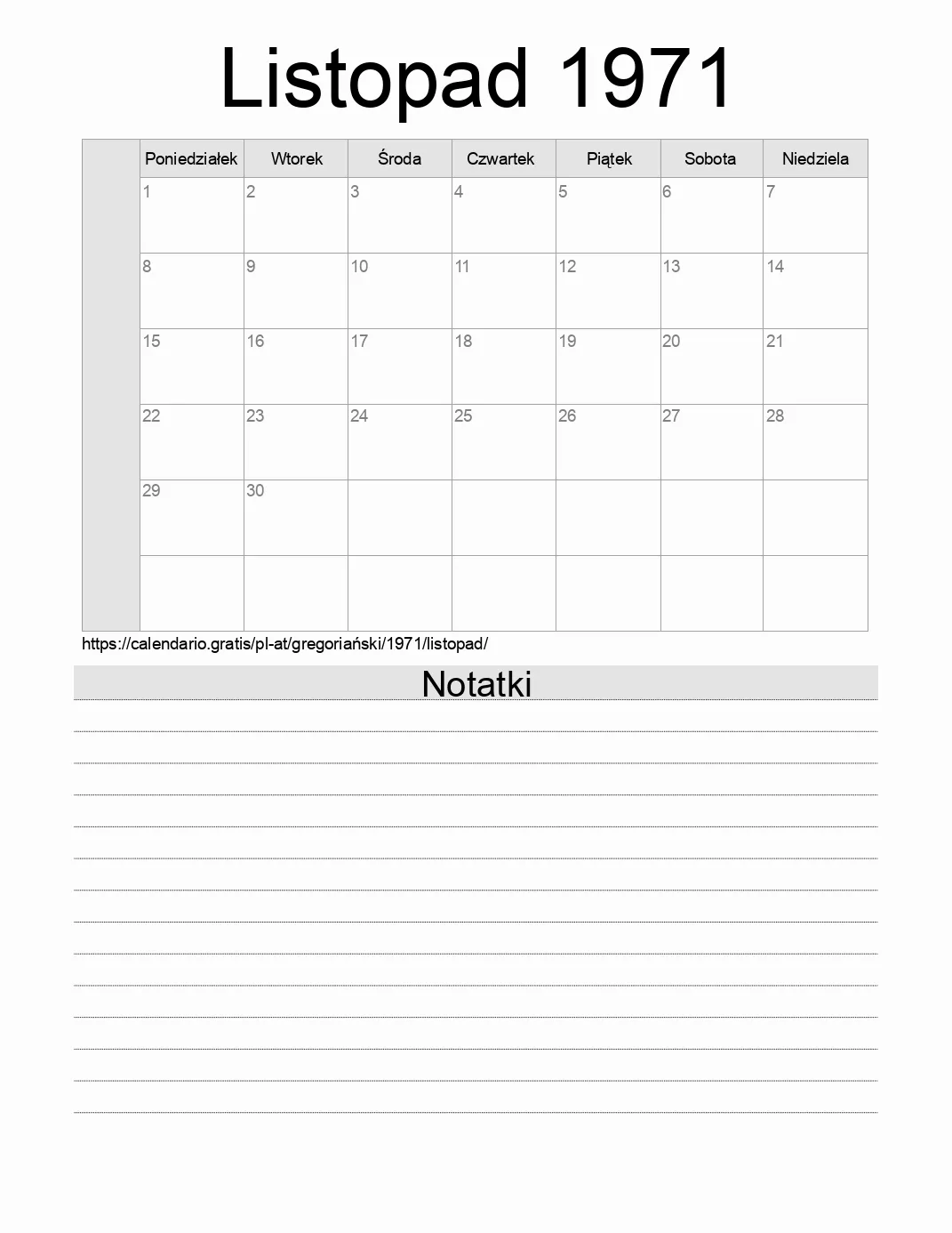 Kalendarz na Listopad 1971 do druku z notatkami. (Austria)