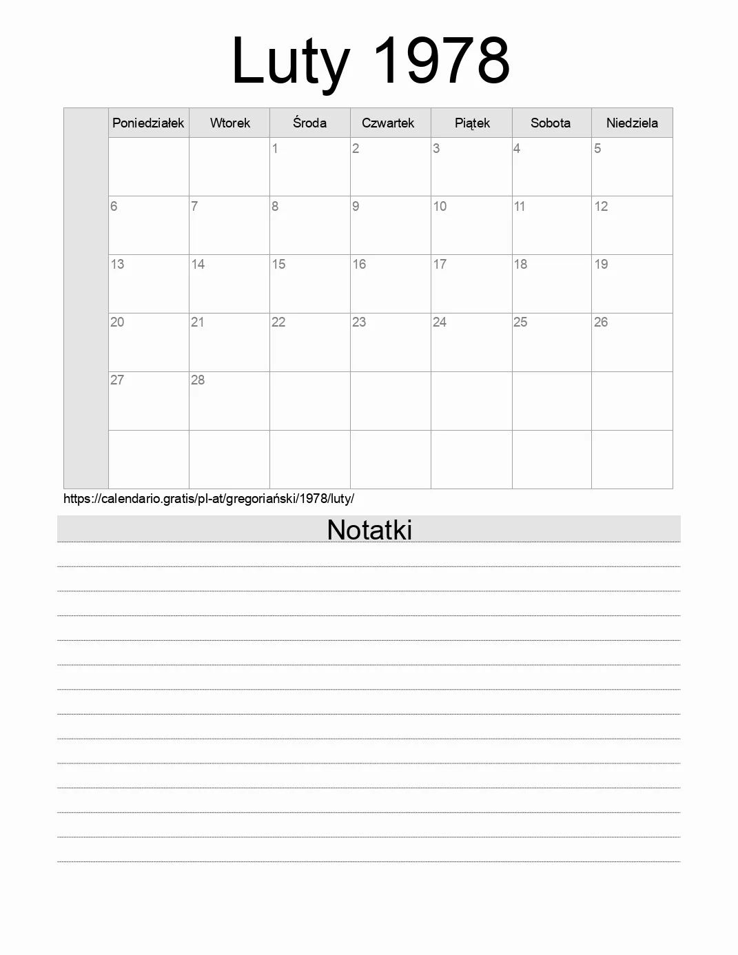 Kalendarz na Luty 1978 do druku z notatkami. (Austria)